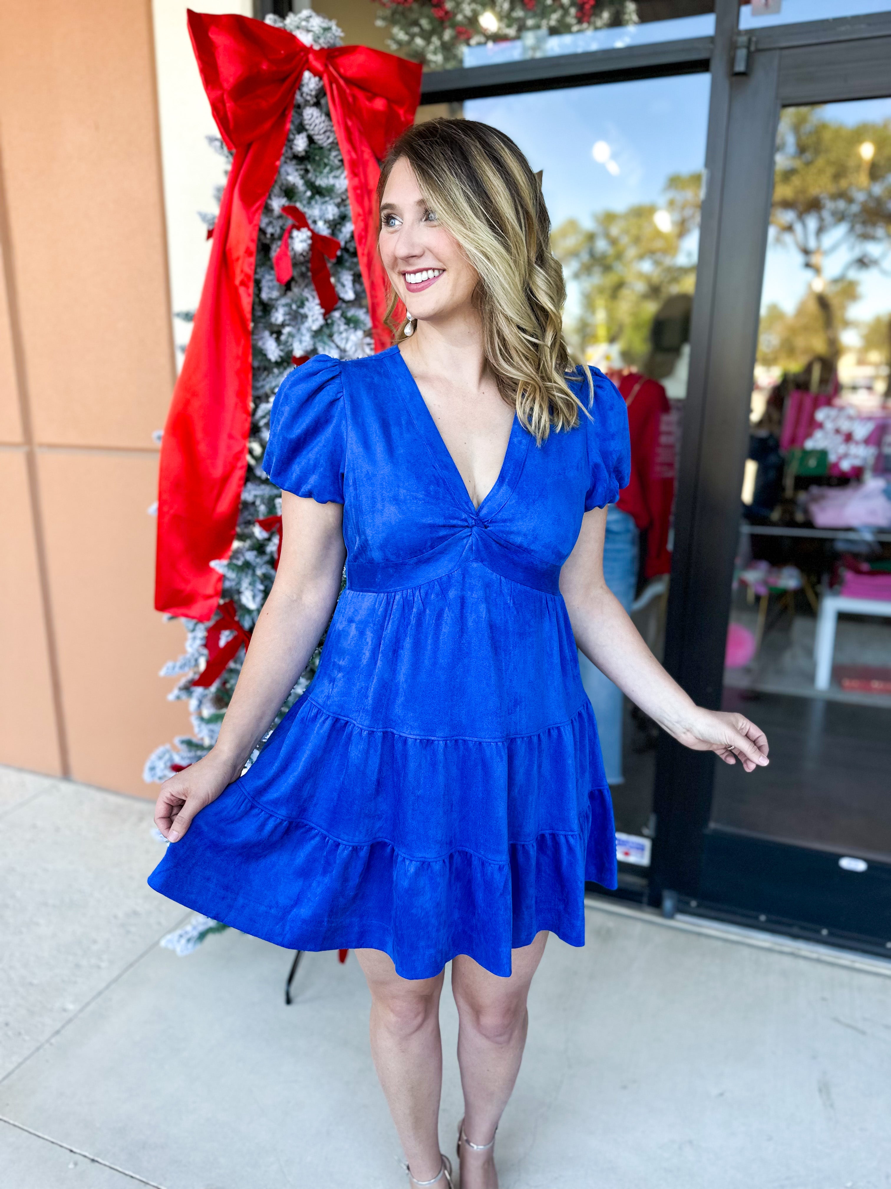 Talk of the Town Mini Dress- Cobalt Suede-510 Mini-SKIES ARE BLUE-July & June Women's Fashion Boutique Located in San Antonio, Texas