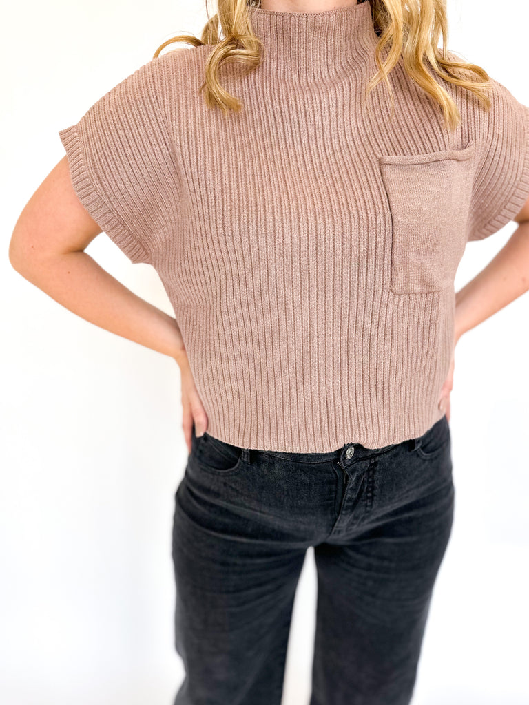 Chic Cropped Short Sleeve Sweater- Mocha-230 Sweaters/Cardis-ENTRO-July & June Women's Fashion Boutique Located in San Antonio, Texas