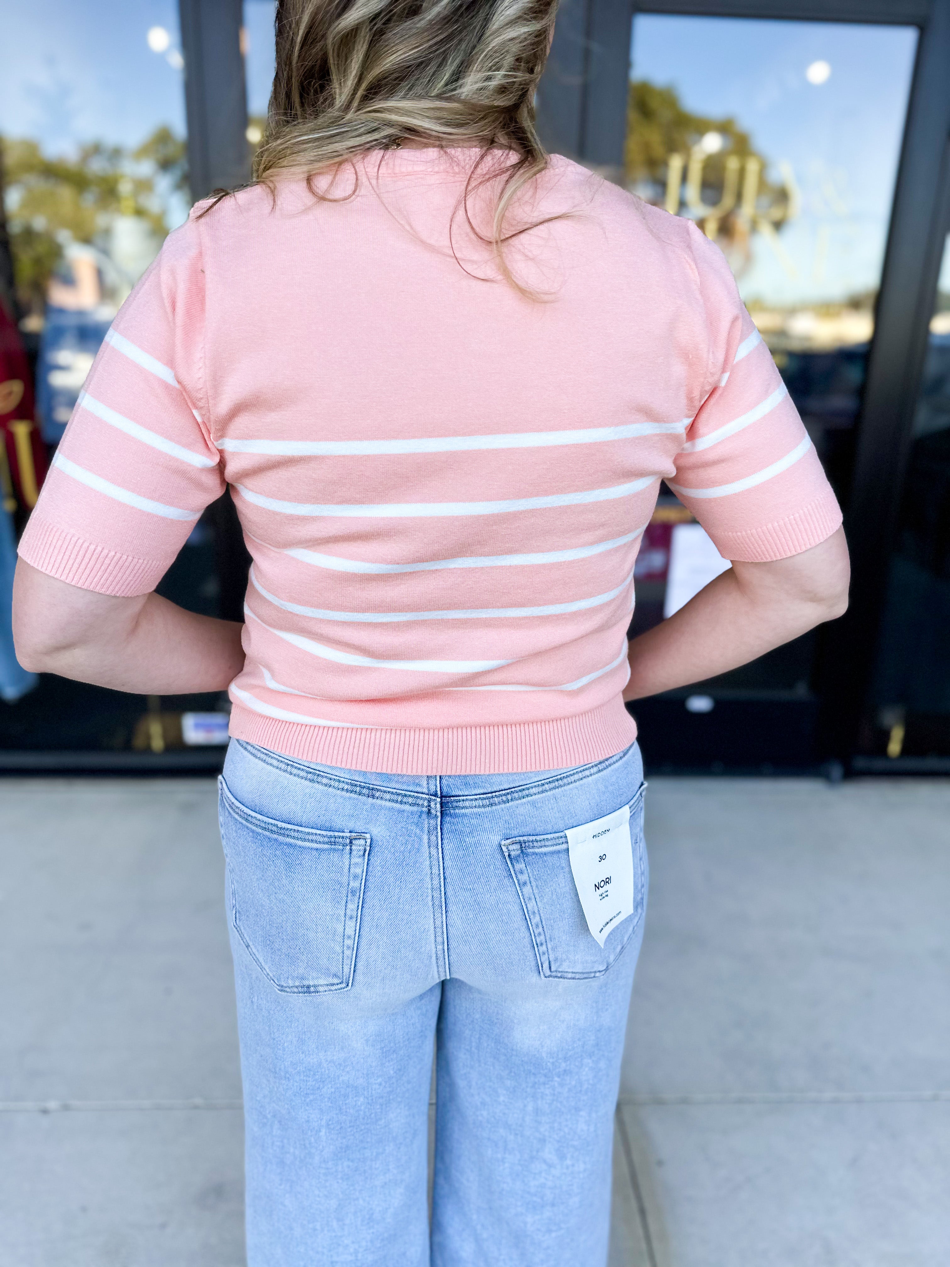 Short Sleeve Stripped Sweater Top - Melon-230 Sweaters/Cardis-ALLIE ROSE-July & June Women's Fashion Boutique Located in San Antonio, Texas