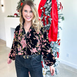 Velvet Floral Blouse - Black-200 Fashion Blouses-JODIFL-July & June Women's Fashion Boutique Located in San Antonio, Texas