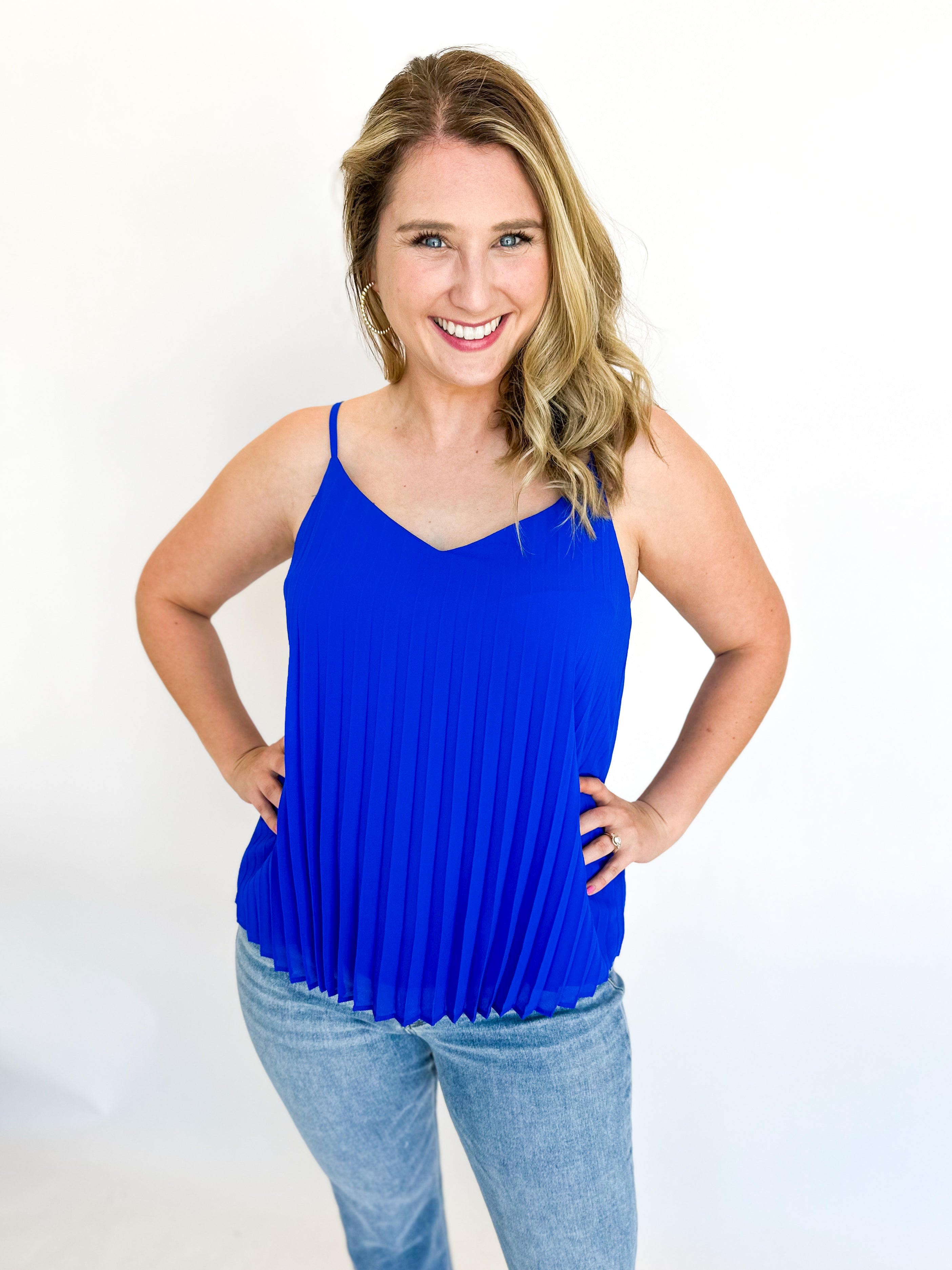 Pleated Cami - Blue-200 Fashion Blouses-SKIES ARE BLUE-July & June Women's Fashion Boutique Located in San Antonio, Texas