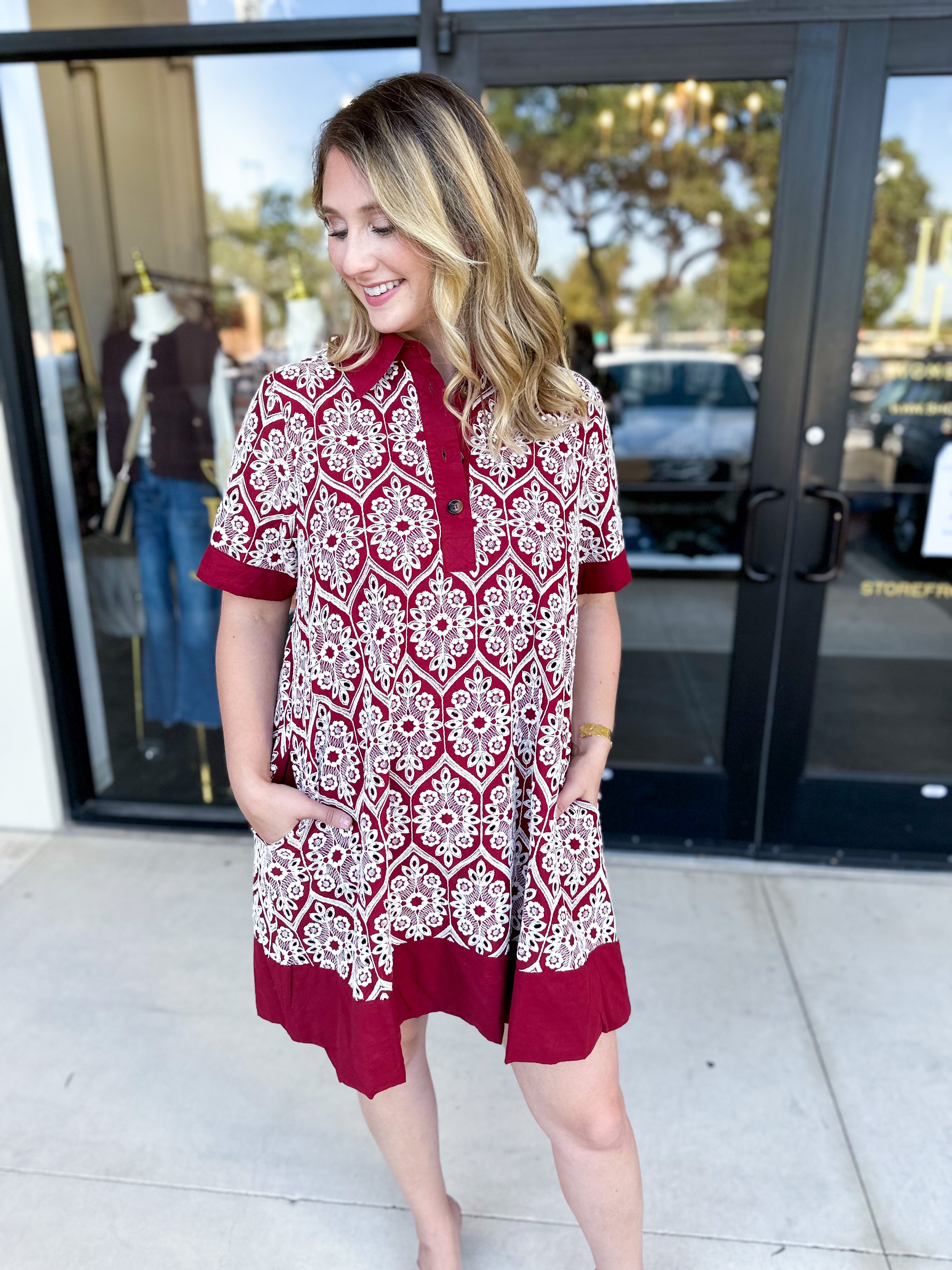 Burgundy Embroidered Mini Dress-510 Mini-ENTRO-July & June Women's Fashion Boutique Located in San Antonio, Texas