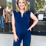 Soft Modal Zip Sleeveless Top - Navy - RESTOCK-210 Casual Blouses-SKIES ARE BLUE-July & June Women's Fashion Boutique Located in San Antonio, Texas