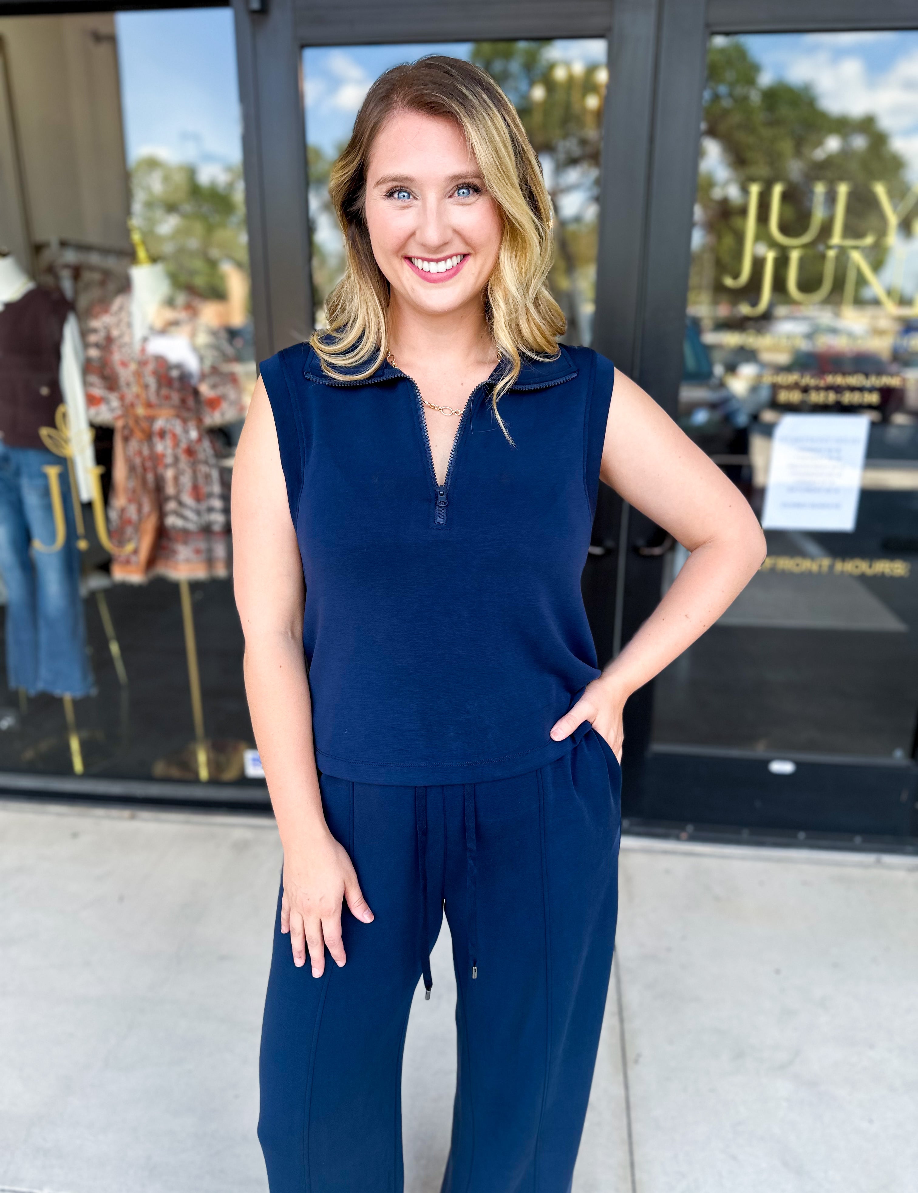 Soft Modal Zip Sleeveless Top - Navy - RESTOCK-210 Casual Blouses-SKIES ARE BLUE-July & June Women's Fashion Boutique Located in San Antonio, Texas