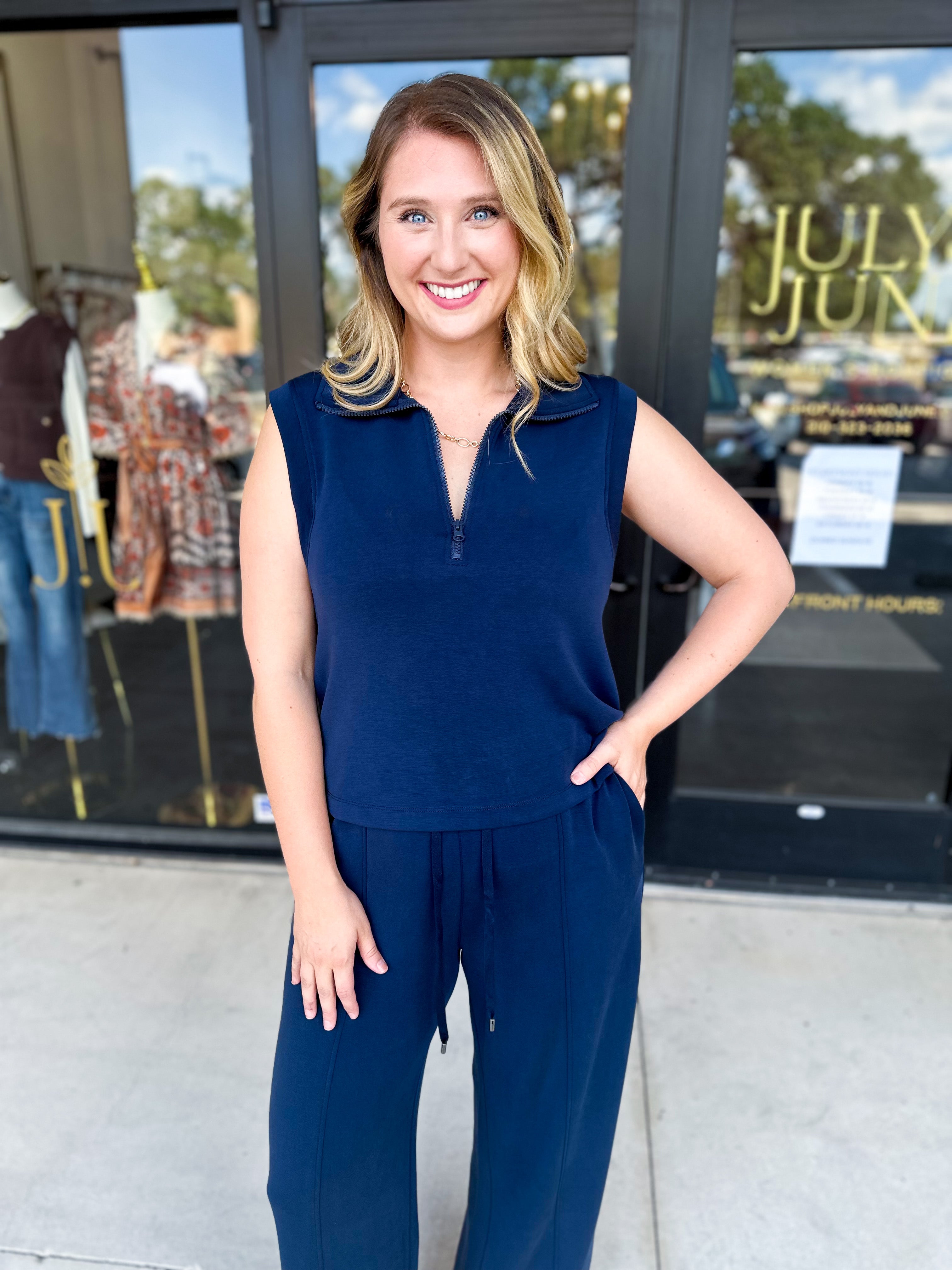 Soft Modal Zip Sleeveless Top - Navy - RESTOCK-210 Casual Blouses-SKIES ARE BLUE-July & June Women's Fashion Boutique Located in San Antonio, Texas
