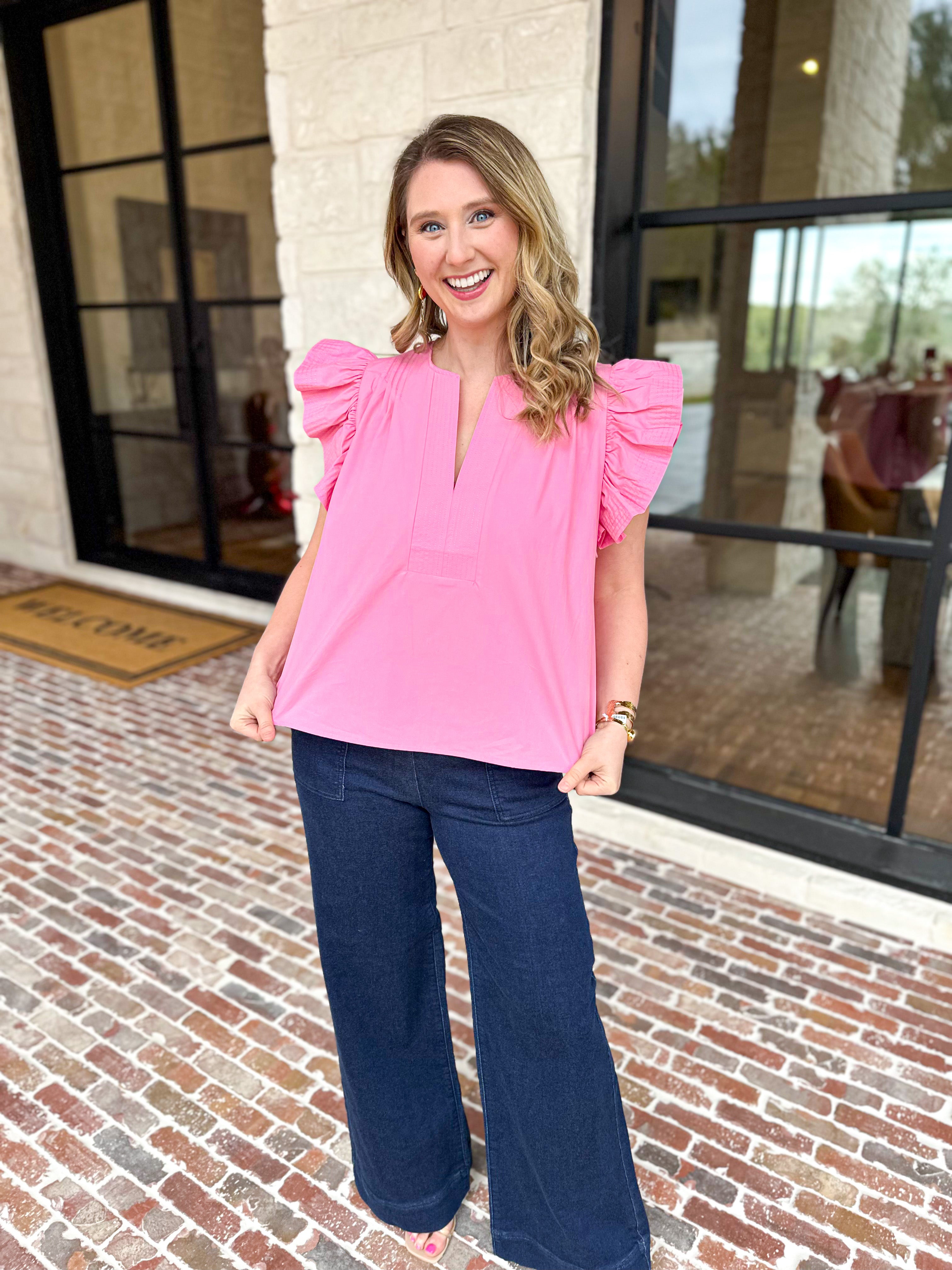 Flutter Sleeve Poplin Blouse - Pink-200 Fashion Blouses-STRUT & BOLT-July & June Women's Fashion Boutique Located in San Antonio, Texas
