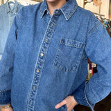 Washed Denim Button Down Shirt - Medium Wash-200 Fashion Blouses-BLUIVY-July & June Women's Fashion Boutique Located in San Antonio, Texas