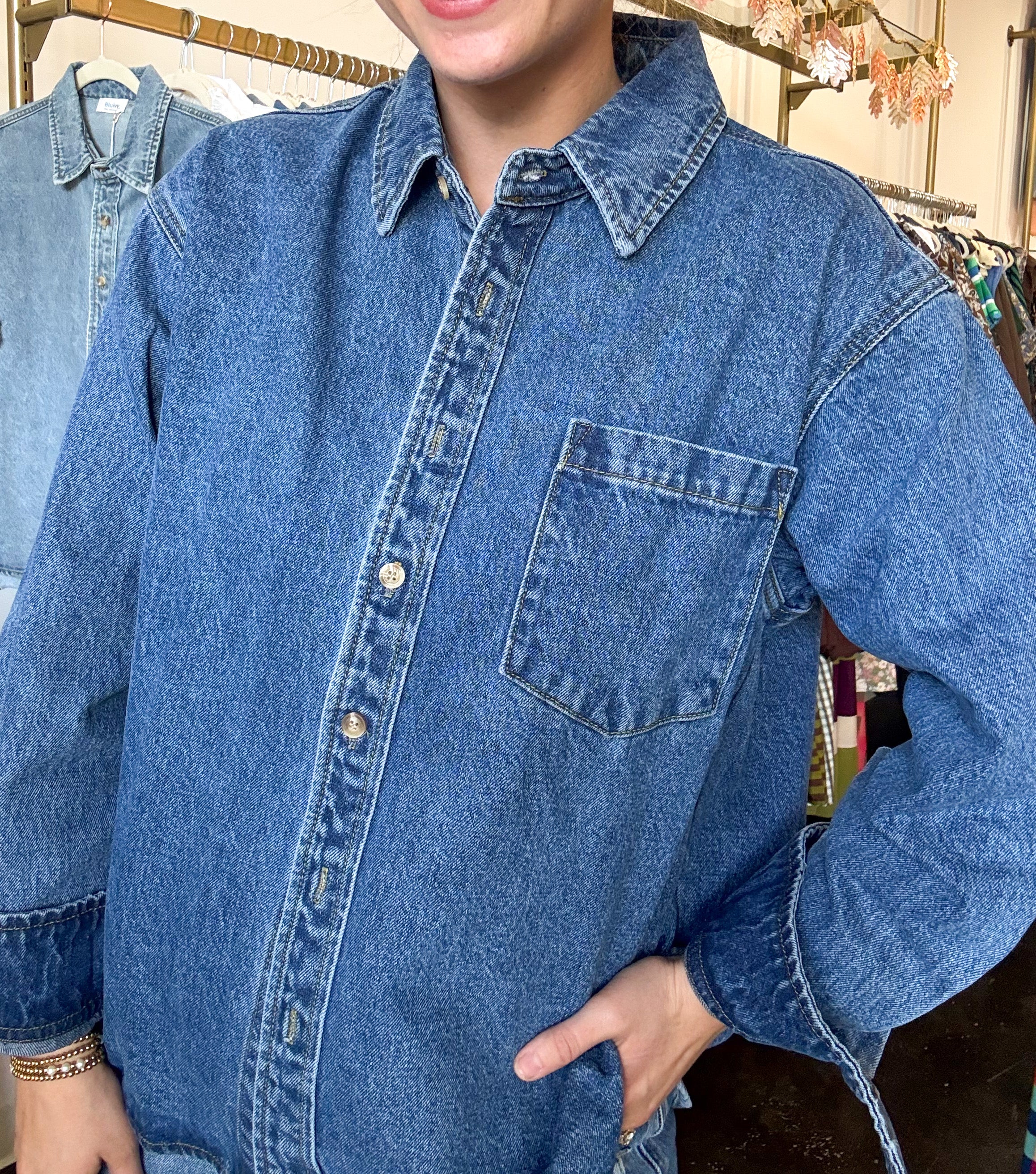 Washed Denim Button Down Shirt - Medium Wash-200 Fashion Blouses-BLUIVY-July & June Women's Fashion Boutique Located in San Antonio, Texas