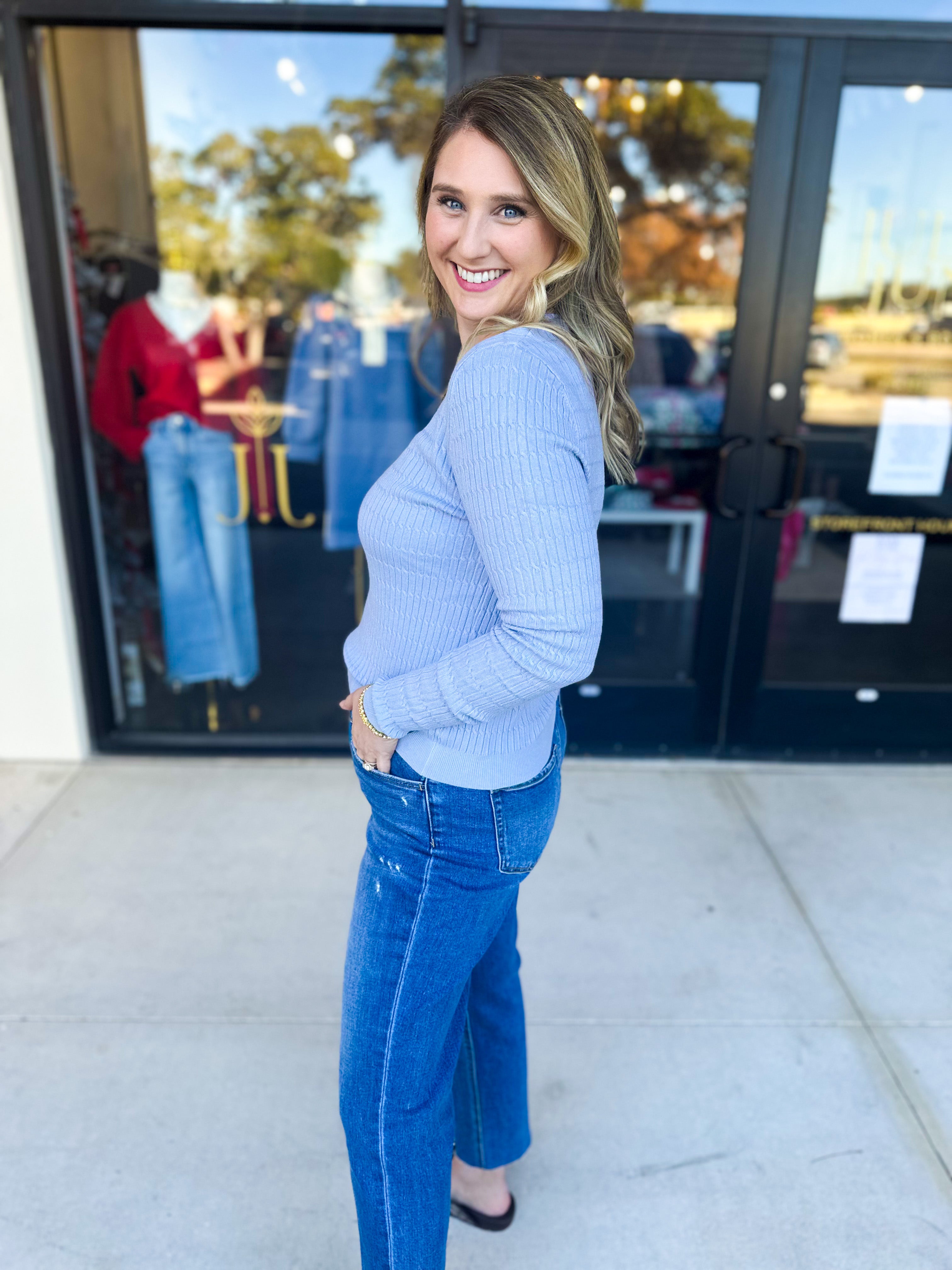 Tailored Cable Knit Sweater Top - Soft Blue-230 Sweaters/Cardis-ALLIE ROSE-July & June Women's Fashion Boutique Located in San Antonio, Texas