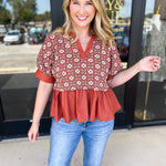 The Fall Peplum Top - Rust-200 Fashion Blouses-ENTRO-July & June Women's Fashion Boutique Located in San Antonio, Texas