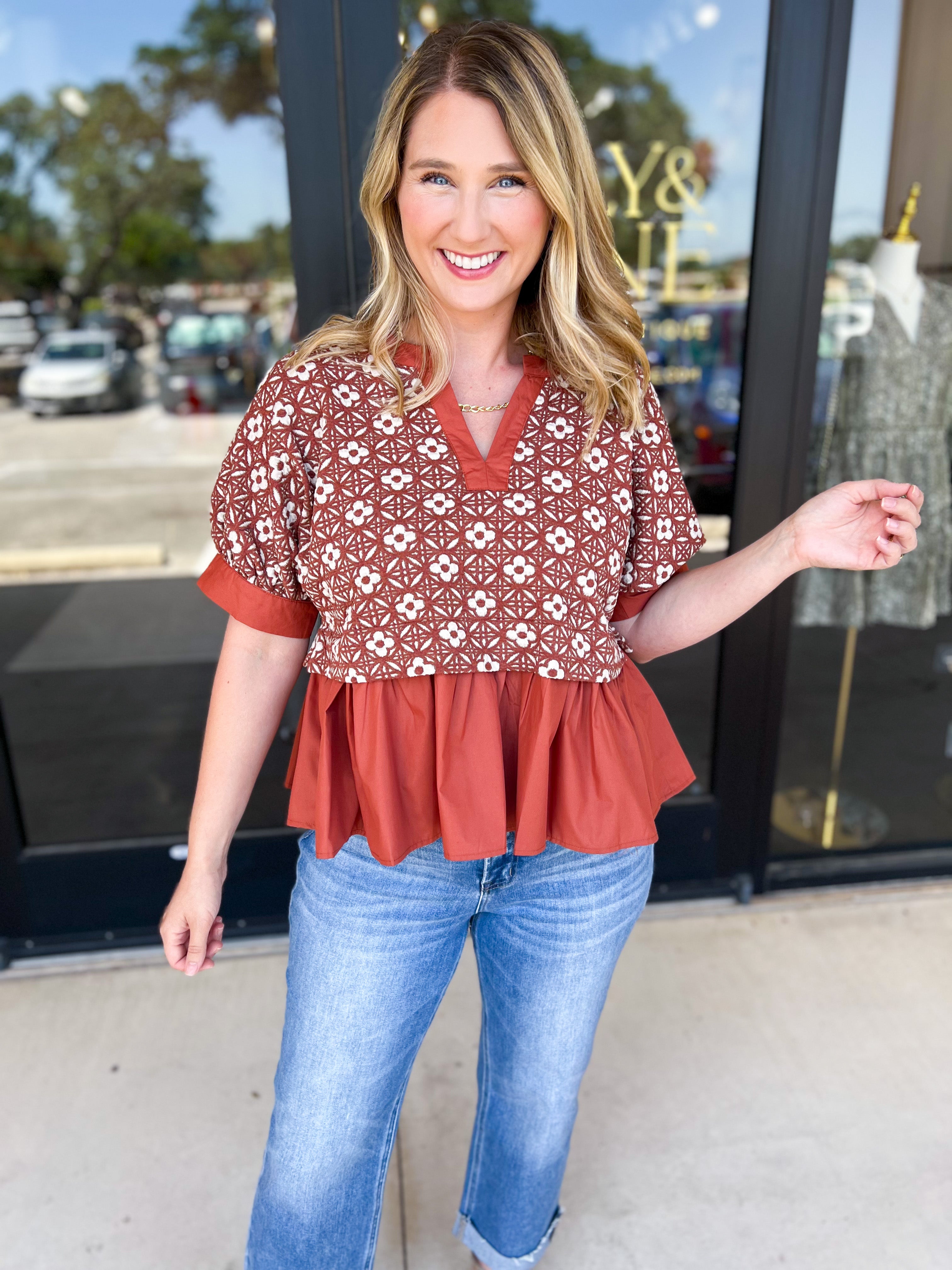 The Fall Peplum Top - Rust-200 Fashion Blouses-ENTRO-July & June Women's Fashion Boutique Located in San Antonio, Texas