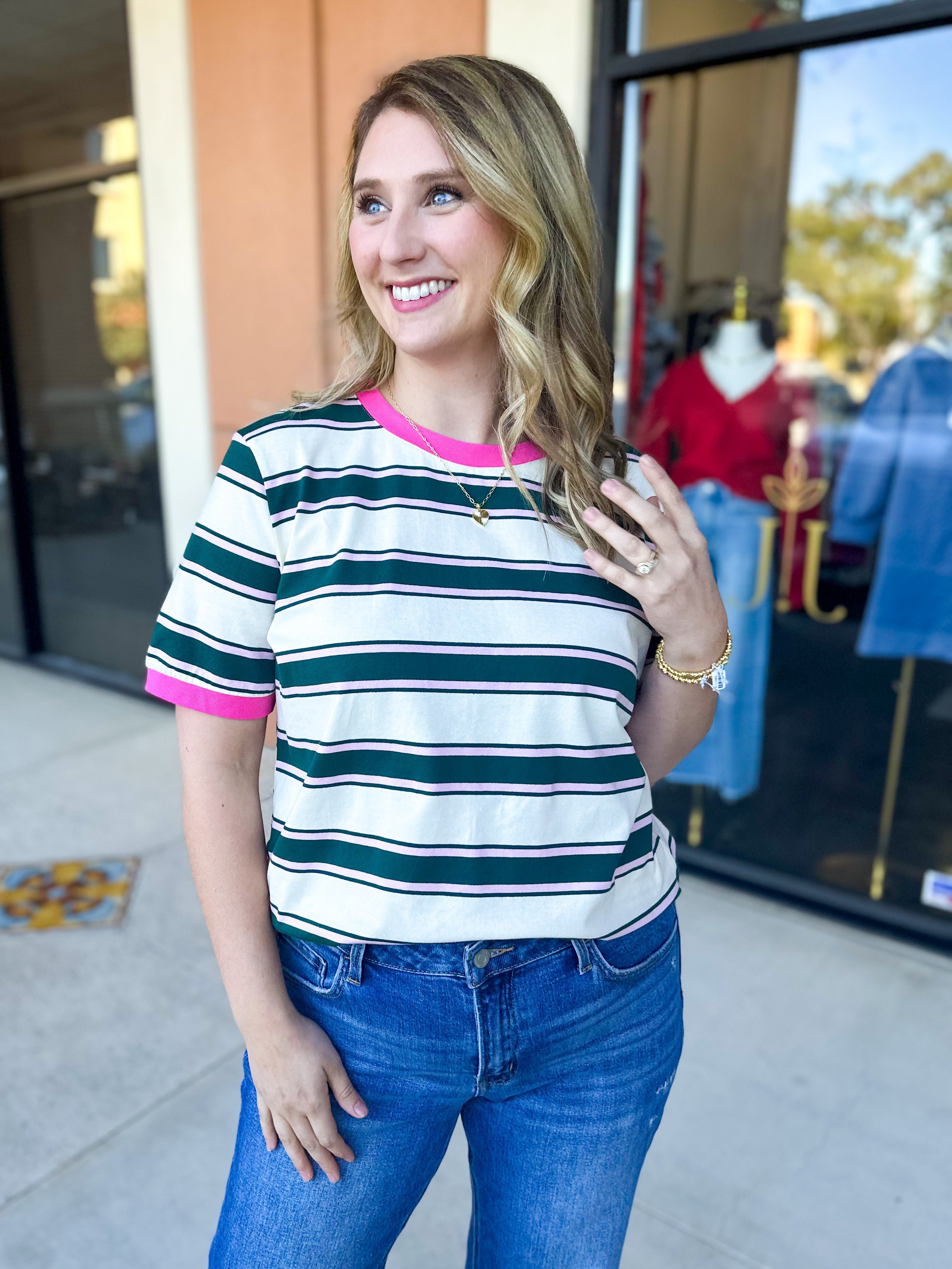 Kelly Green & Pink Tee-210 Casual Blouses-POLOGRAM-July & June Women's Fashion Boutique Located in San Antonio, Texas