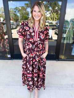 Chocolate Brown Floral Midi Dress-500 Midi-ENTRO-July & June Women's Fashion Boutique Located in San Antonio, Texas