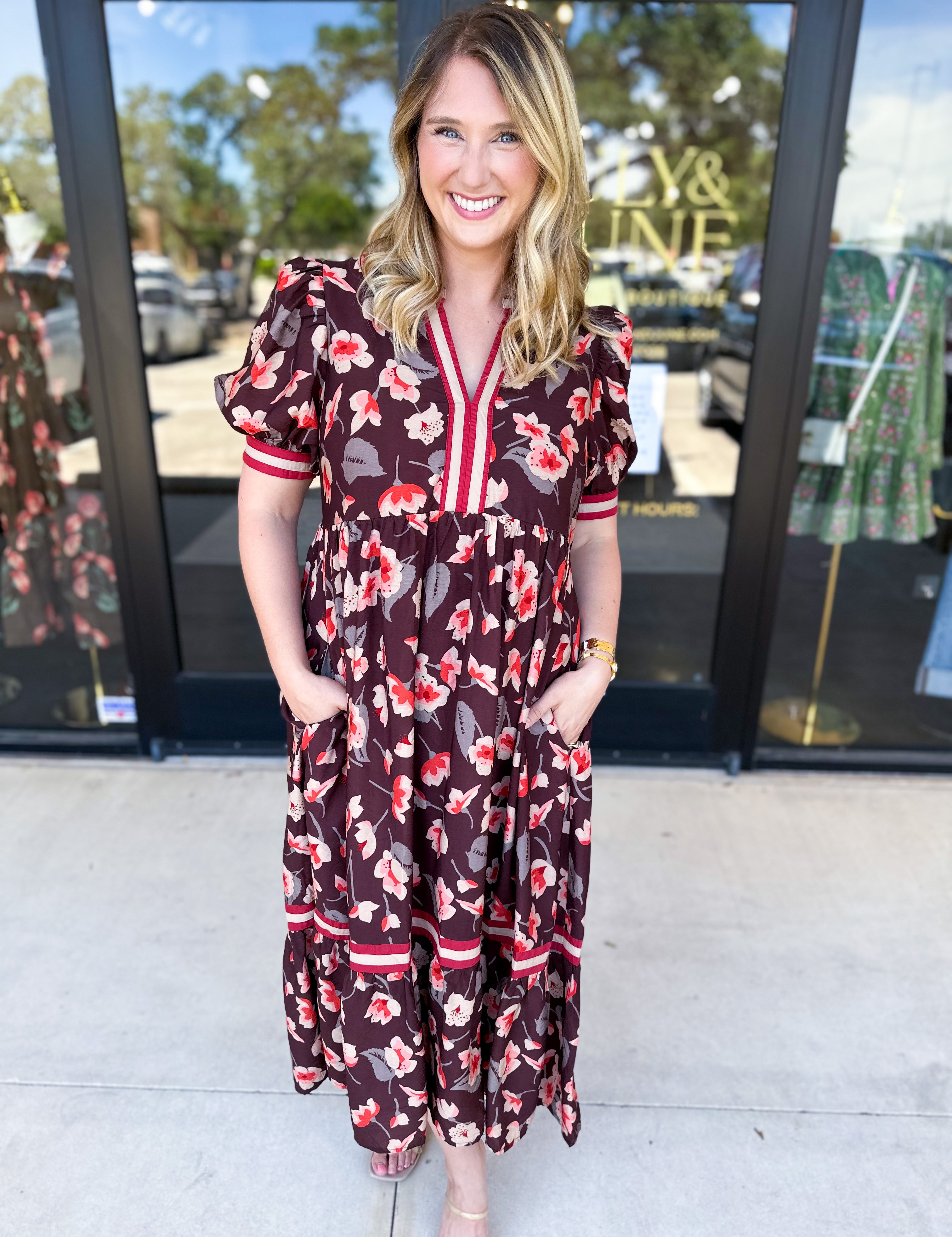 Chocolate Brown Floral Midi Dress-500 Midi-ENTRO-July & June Women's Fashion Boutique Located in San Antonio, Texas
