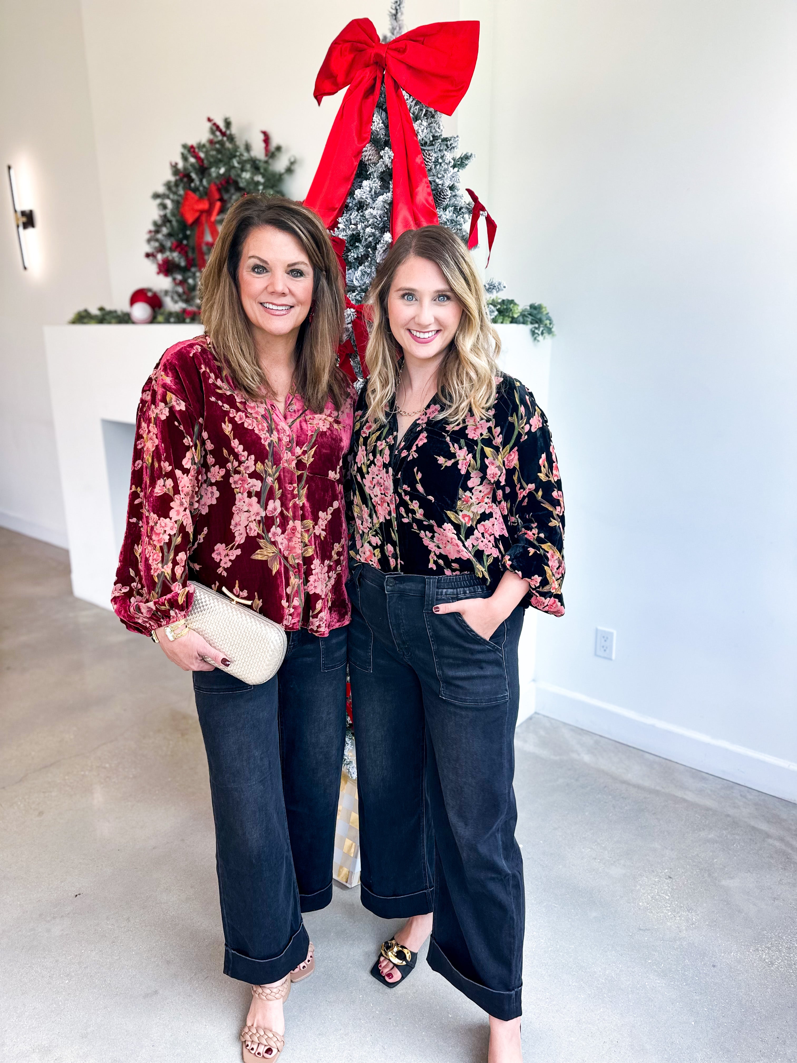Velvet Floral Blouse - Black-200 Fashion Blouses-JODIFL-July & June Women's Fashion Boutique Located in San Antonio, Texas