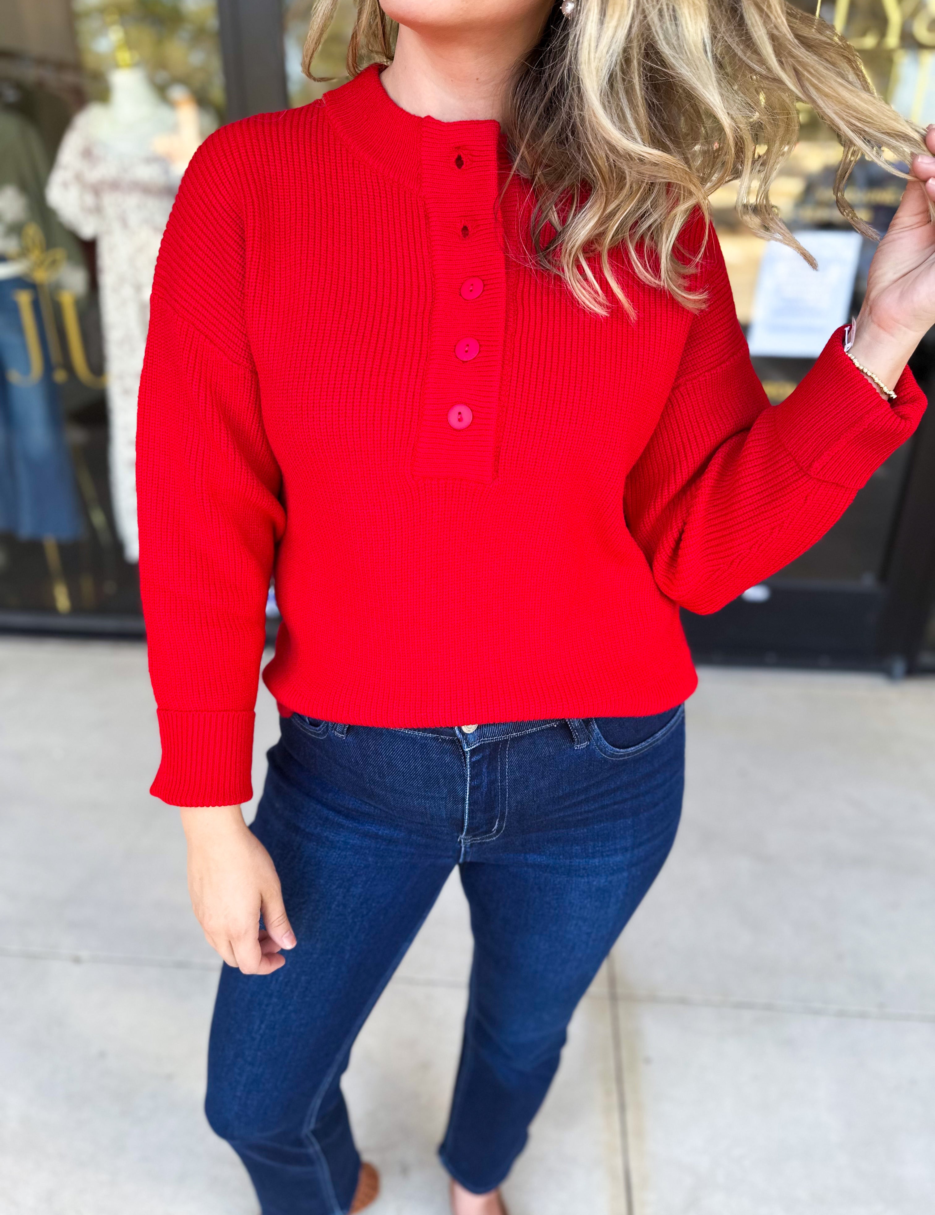 The Everyday Henley Sweater - Red-230 Sweaters/Cardis-JODIFL-July & June Women's Fashion Boutique Located in San Antonio, Texas