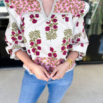 Pink & Burgundy Floral Blouse-200 Fashion Blouses-ENTRO-July & June Women's Fashion Boutique Located in San Antonio, Texas