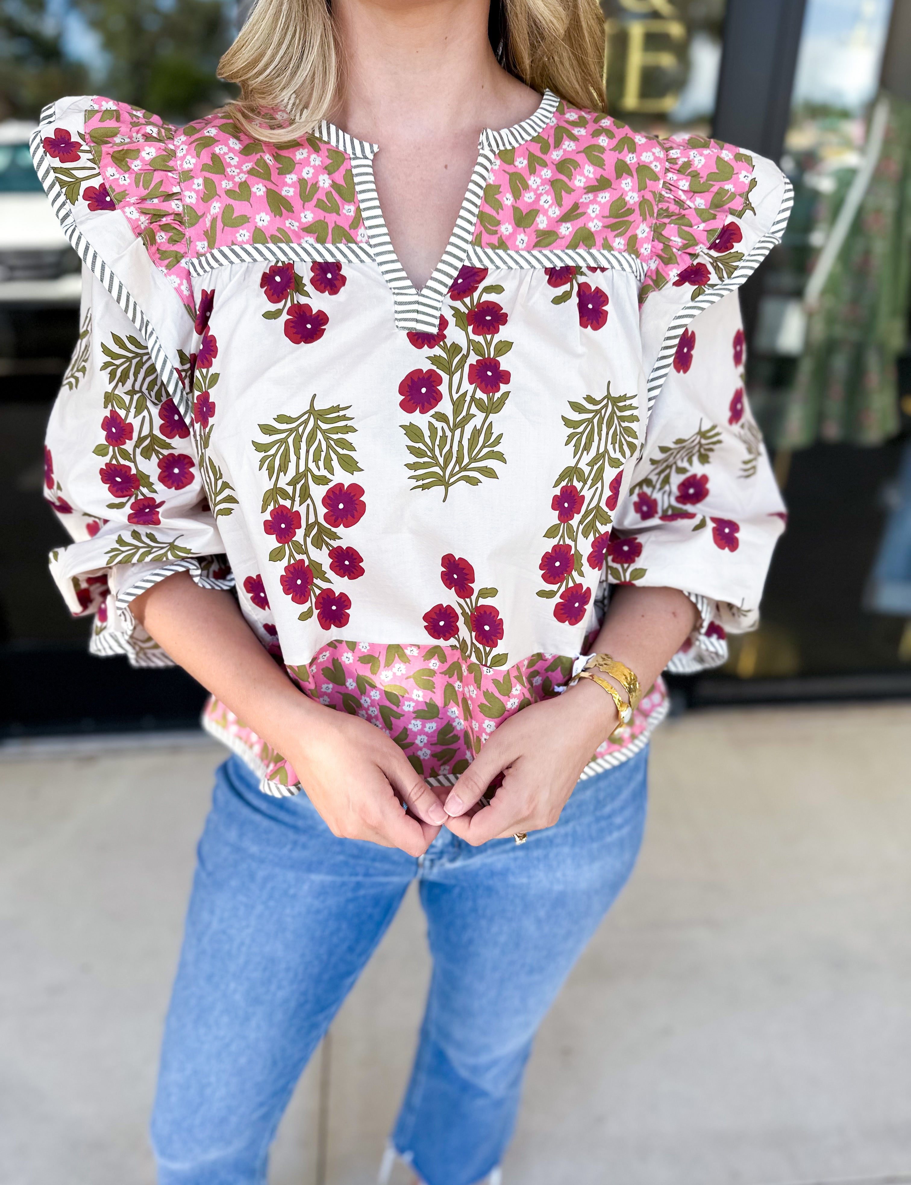 Pink & Burgundy Floral Blouse-200 Fashion Blouses-ENTRO-July & June Women's Fashion Boutique Located in San Antonio, Texas