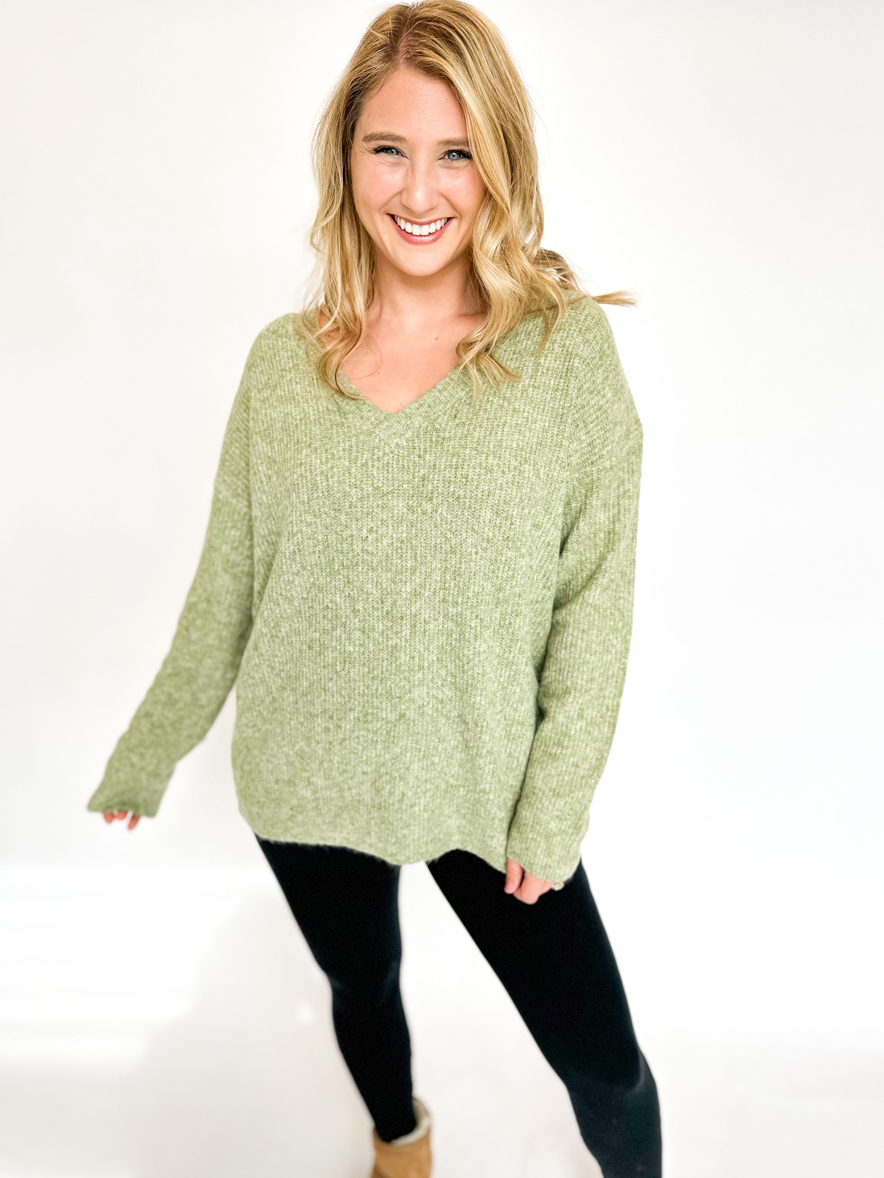 Soft Knit V-Neck Sweater- Pistachio-230 Sweaters/Cardis-LISTICLE-July & June Women's Fashion Boutique Located in San Antonio, Texas