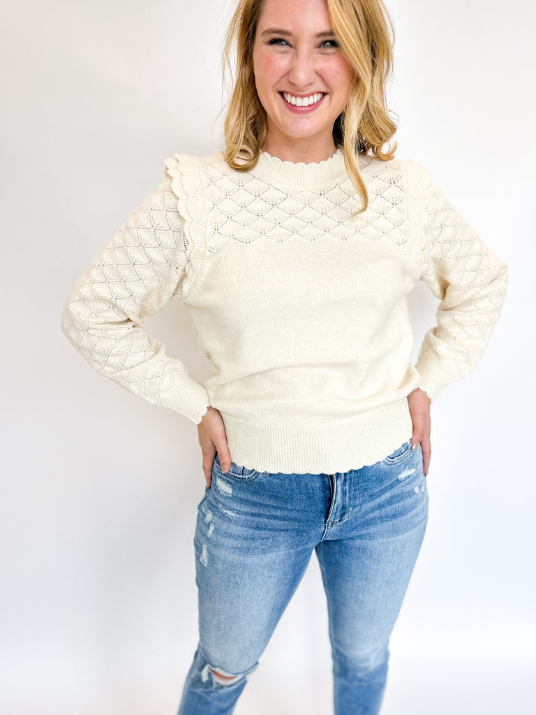 Cream Lace Detail Sweater-230 Sweaters/Cardis-SKIES ARE BLUE-July & June Women's Fashion Boutique Located in San Antonio, Texas