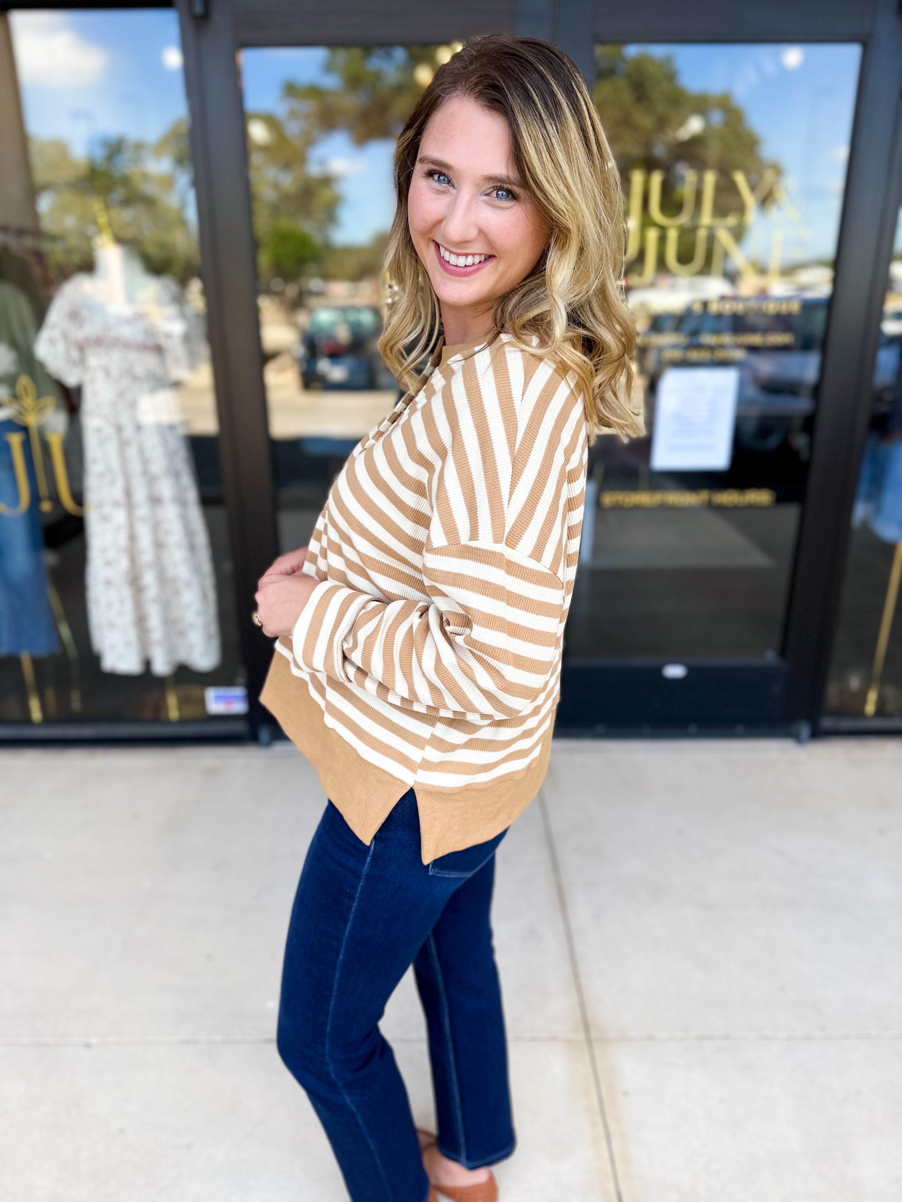 Casual Cool Henley Long Sleeve - Tan-210 Casual Blouses-POLOGRAM-July & June Women's Fashion Boutique Located in San Antonio, Texas