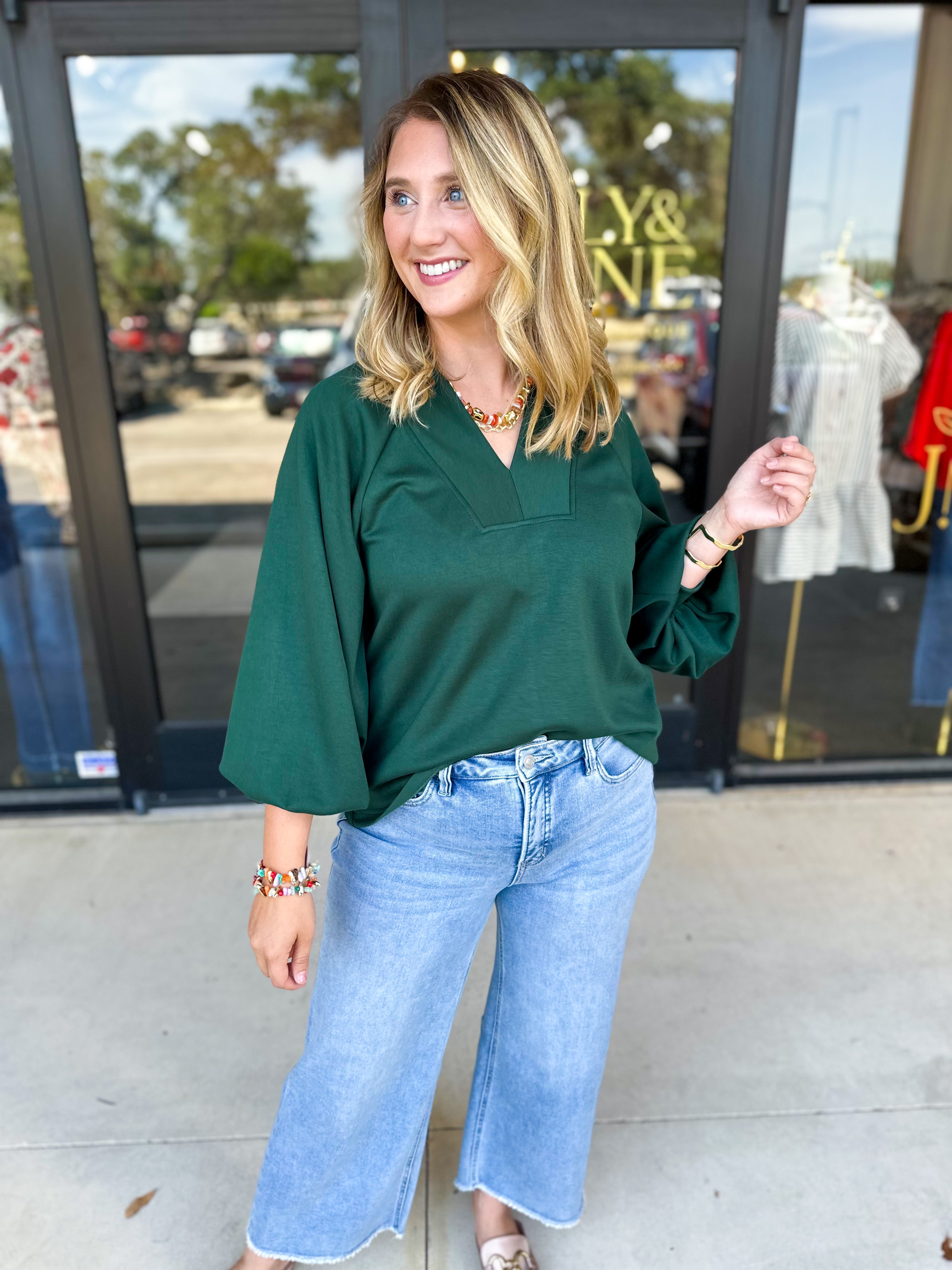 Everyday Comfy Long Sleeve - Pine Green-210 Casual Blouses-JODIFL-July & June Women's Fashion Boutique Located in San Antonio, Texas