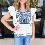 Navy & Ivory Embroidered Blouse-200 Fashion Blouses-FATE-July & June Women's Fashion Boutique Located in San Antonio, Texas