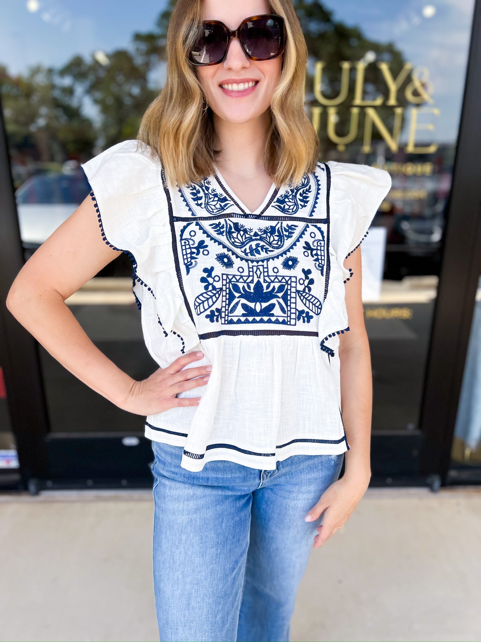 Navy & Ivory Embroidered Blouse-200 Fashion Blouses-FATE-July & June Women's Fashion Boutique Located in San Antonio, Texas