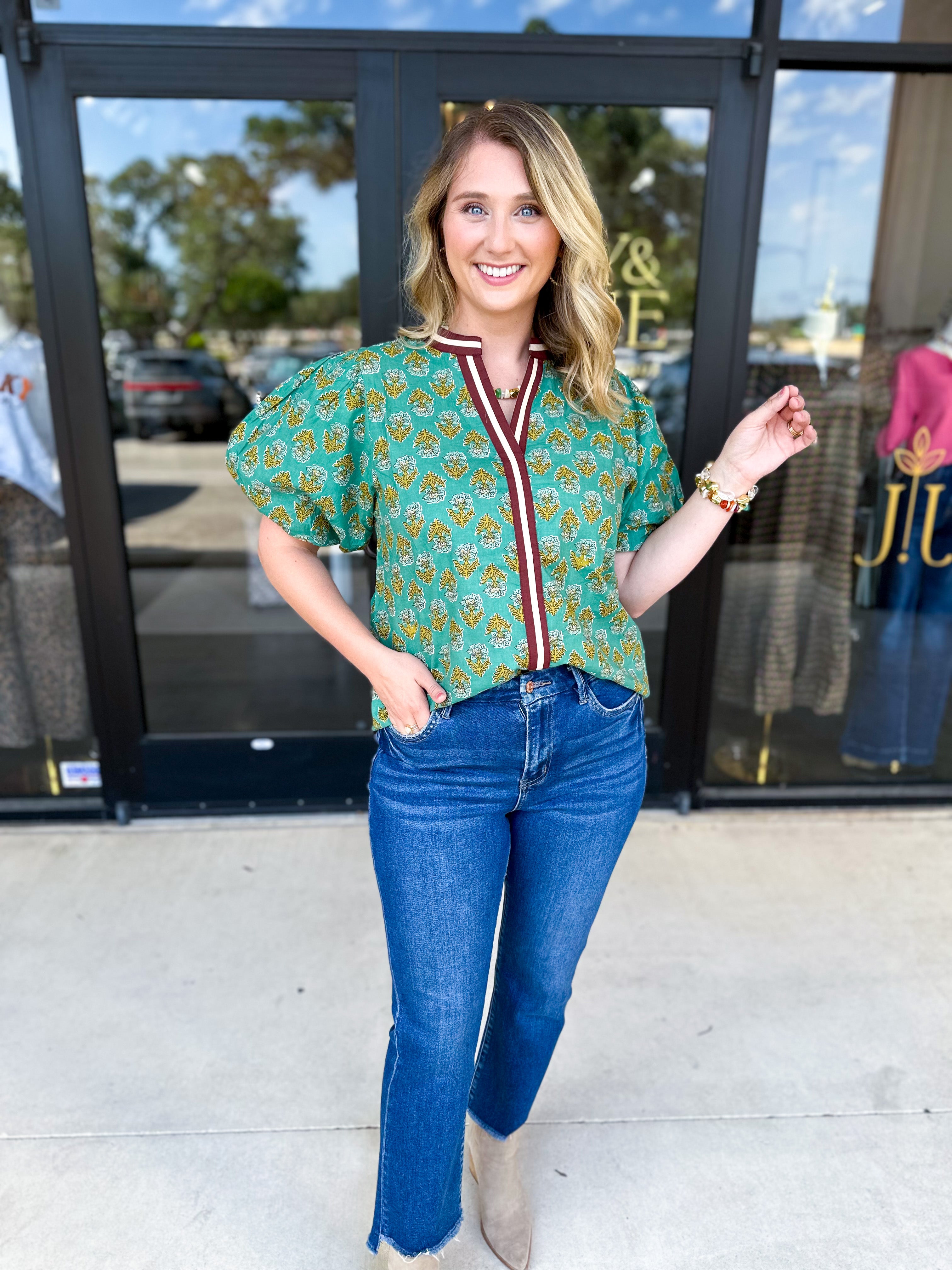 THML - Teal Paisley Blouse-200 Fashion Blouses-THML-July & June Women's Fashion Boutique Located in San Antonio, Texas
