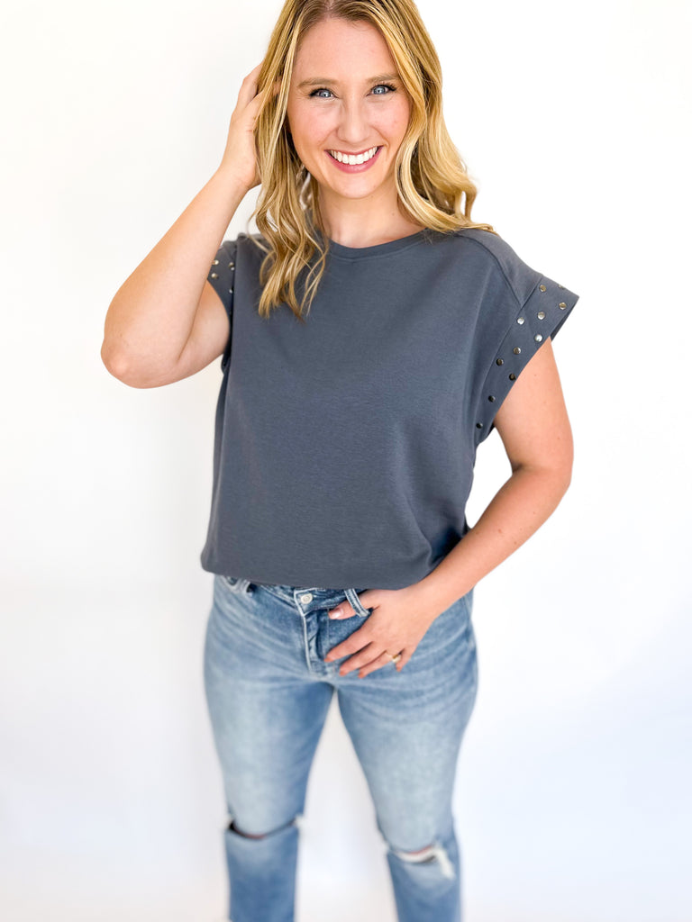 Studded Tee- Charcoal-210 Casual Blouses-ENTRO-July & June Women's Fashion Boutique Located in San Antonio, Texas