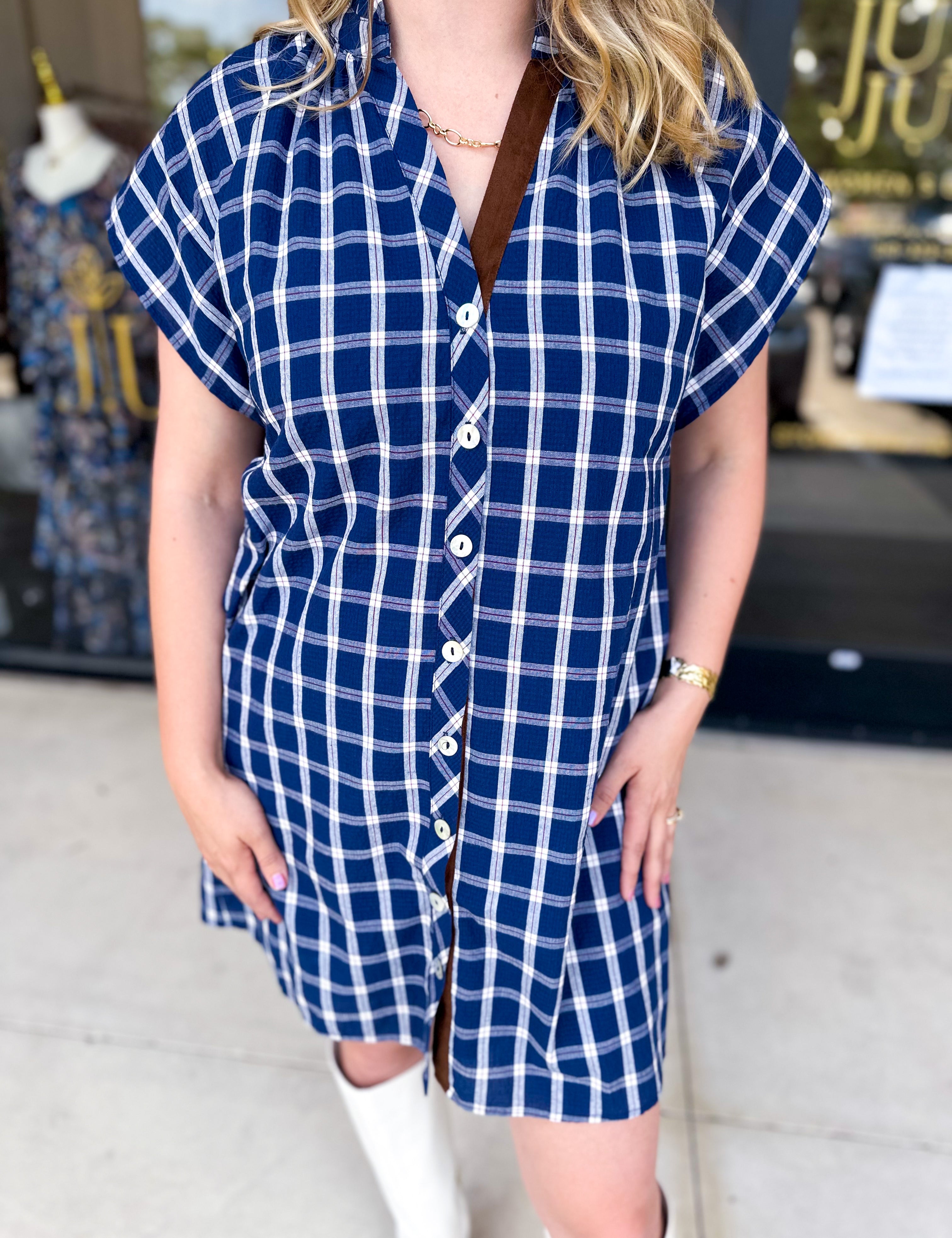 THML - Navy Plaid Mini Dress-510 Mini-THML-July & June Women's Fashion Boutique Located in San Antonio, Texas