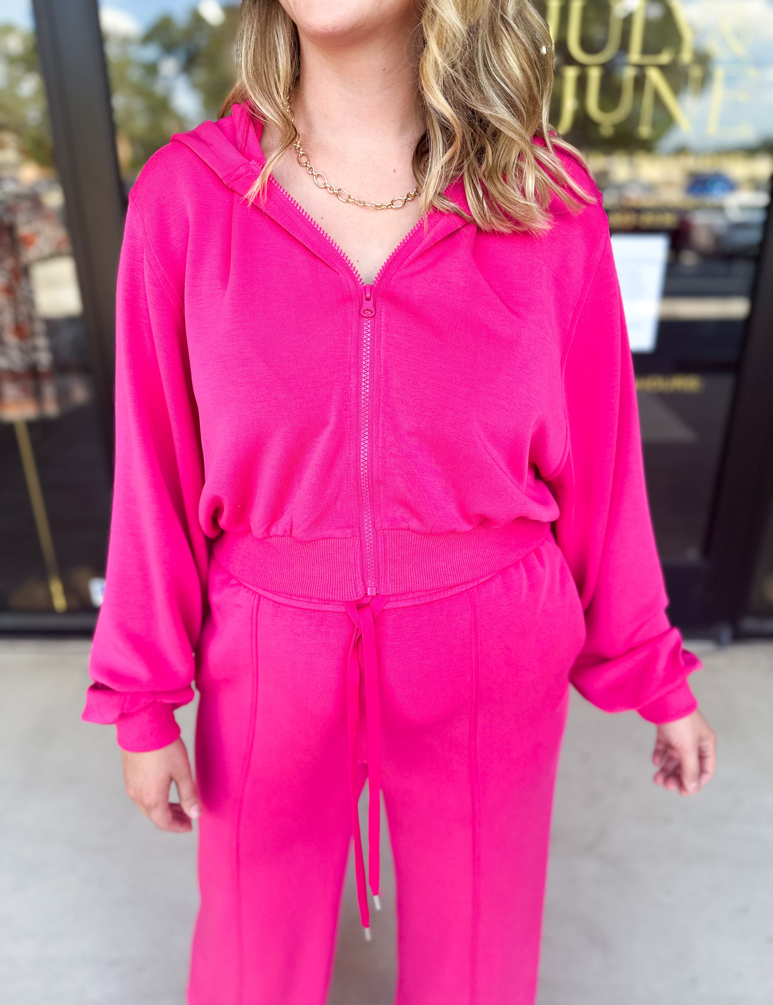 Soft Modal Hooded Jacket - Fuchsia Pink-300 Athleisure/Lounge-SKIES ARE BLUE-July & June Women's Fashion Boutique Located in San Antonio, Texas