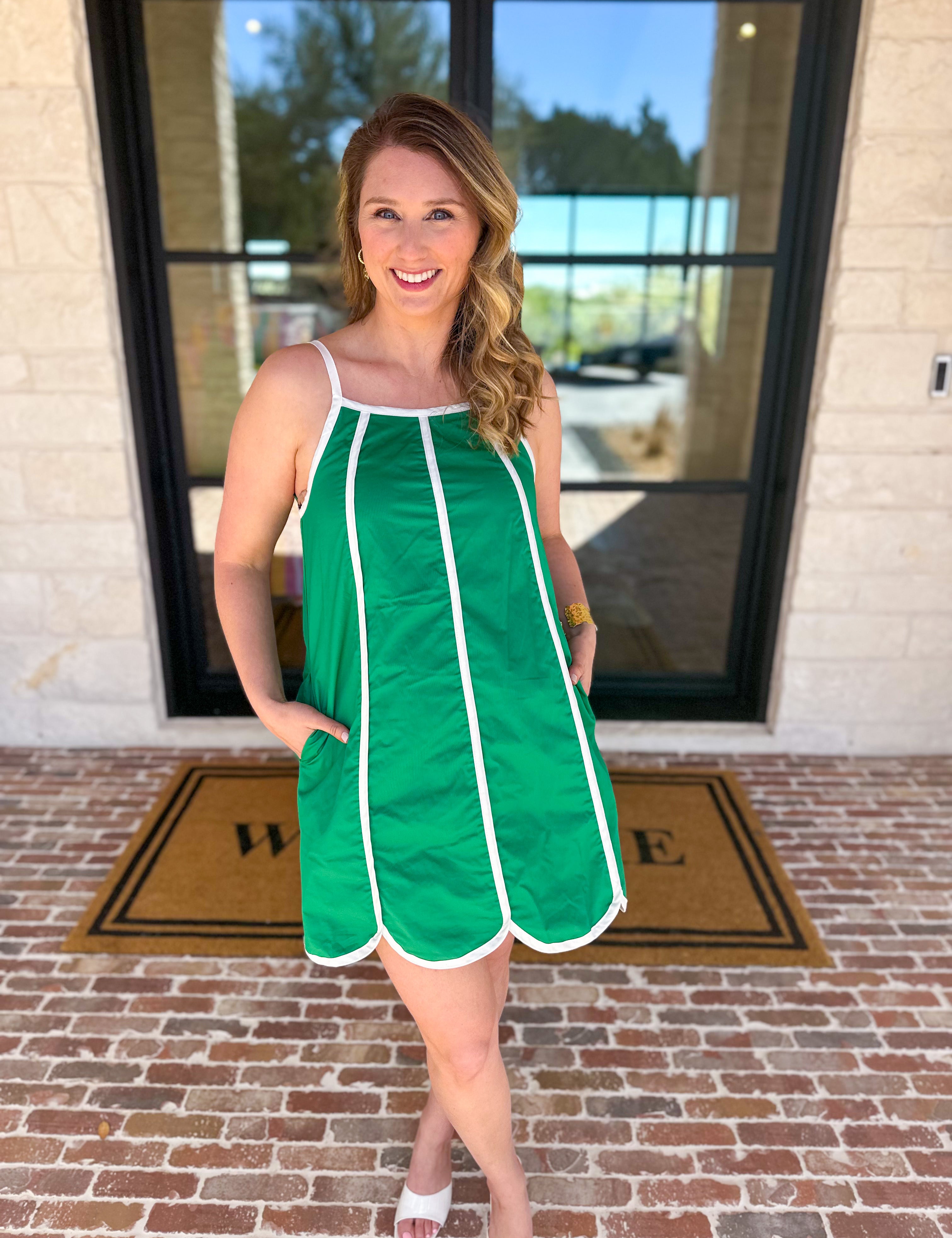 Kelly Green Scalloped Mini Dress-510 Mini-TCEC-July & June Women's Fashion Boutique Located in San Antonio, Texas