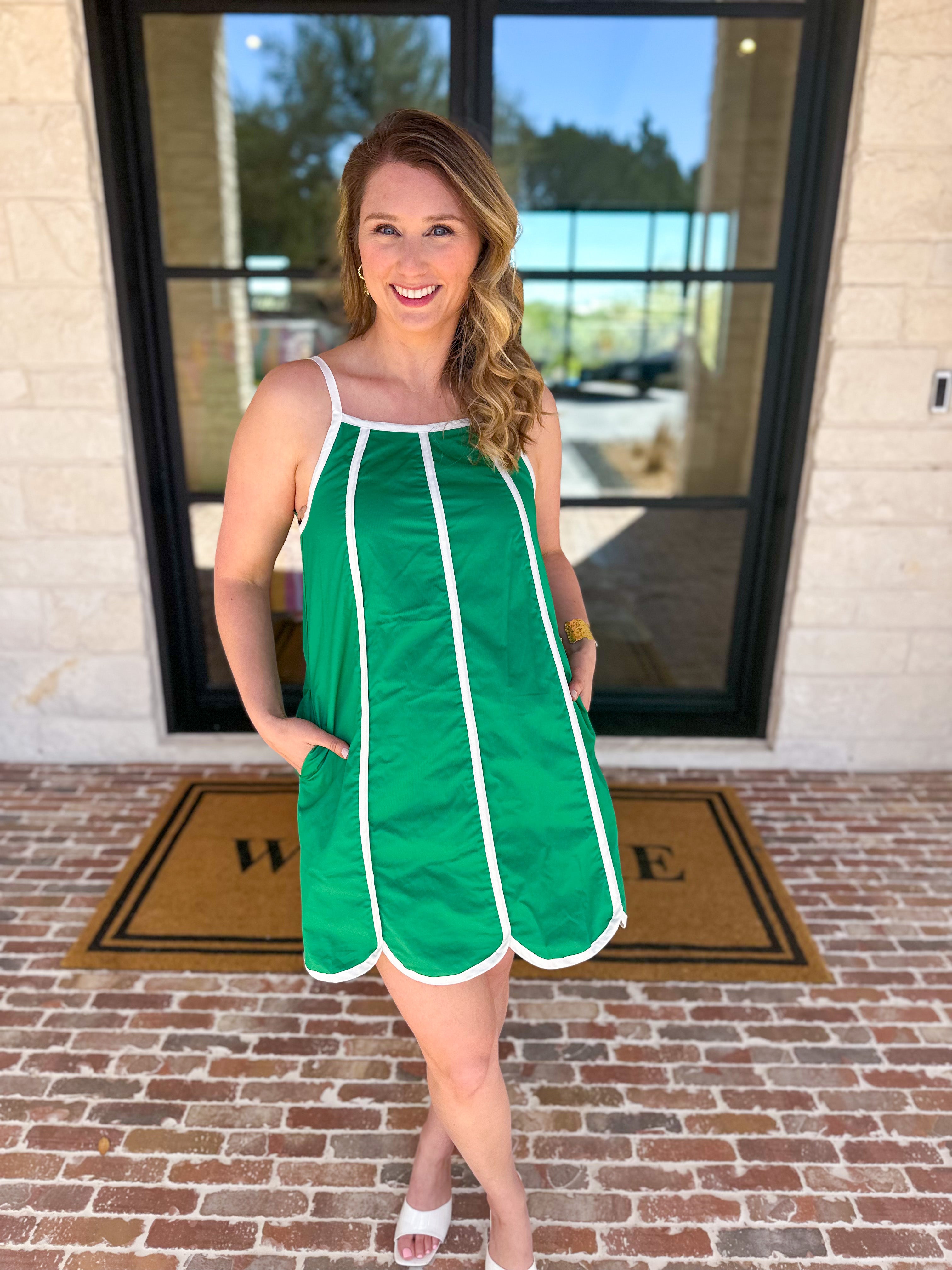 Kelly Green Scalloped Mini Dress-510 Mini-TCEC-July & June Women's Fashion Boutique Located in San Antonio, Texas