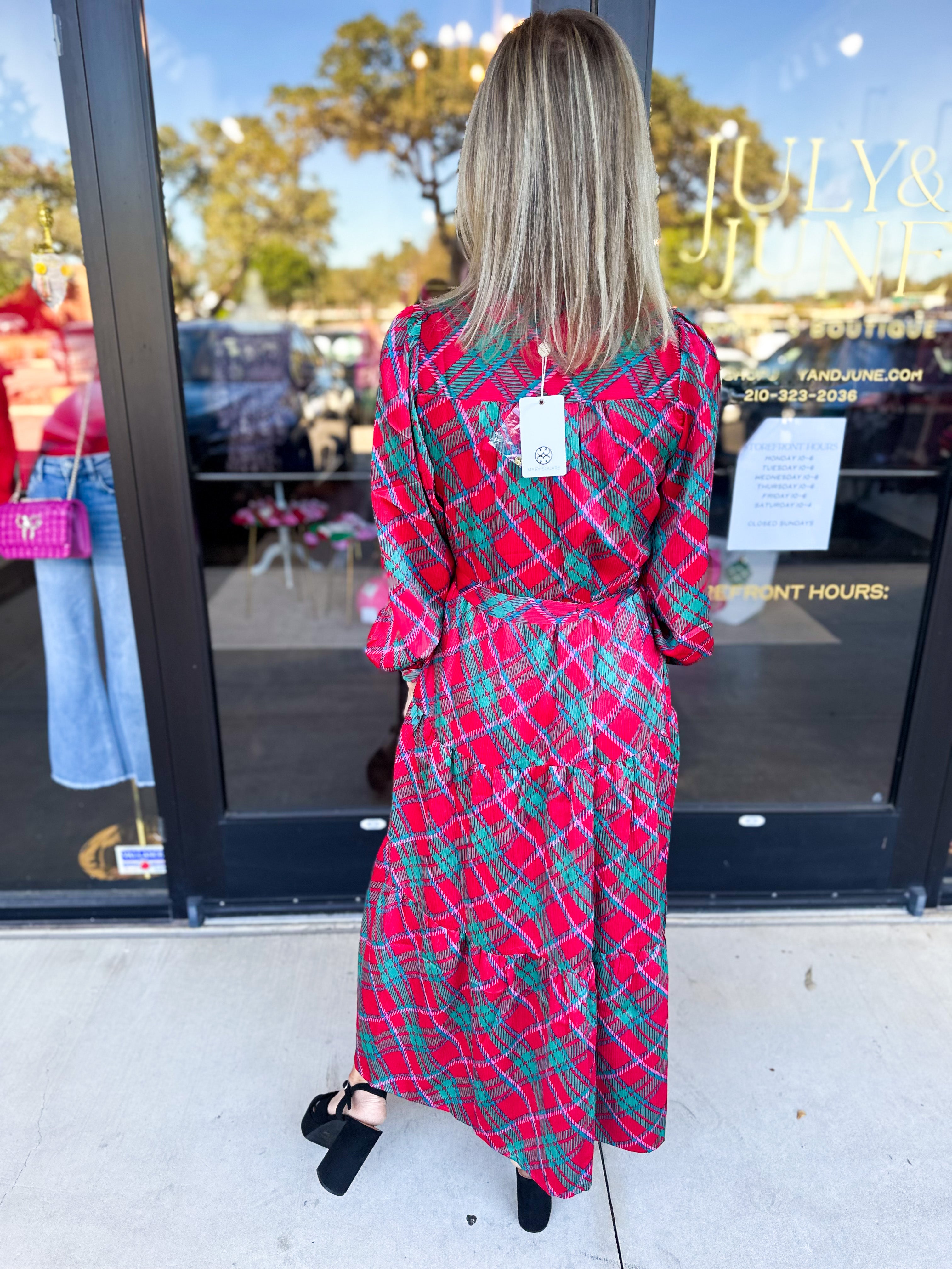 Mary Square - Gracelyn Plaid About You Pink Midi Dress-500 Midi-MARY SQUARE-July & June Women's Fashion Boutique Located in San Antonio, Texas
