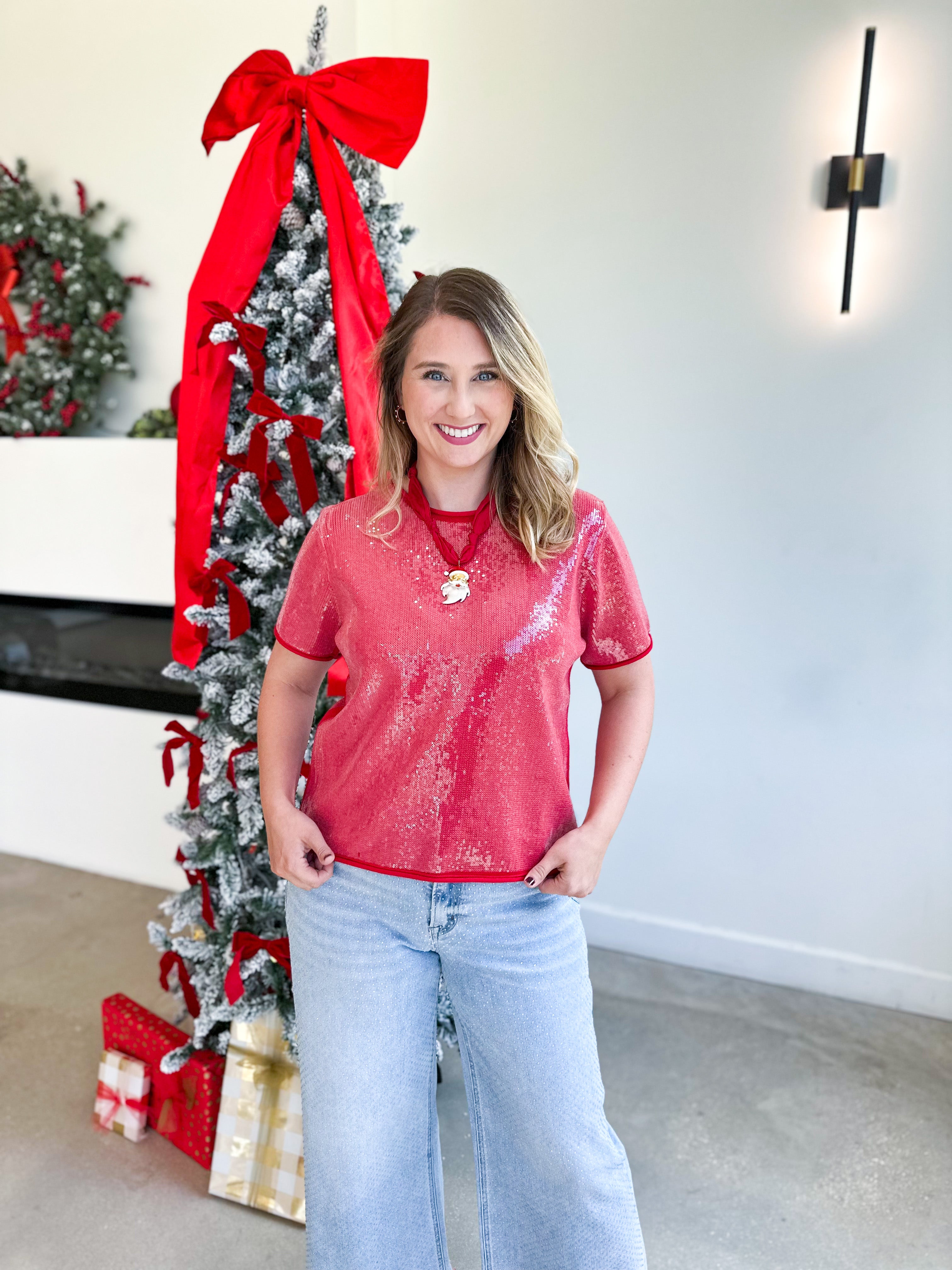 Holiday Party Sweater Top - Red-200 Fashion Blouses-JODIFL-July & June Women's Fashion Boutique Located in San Antonio, Texas