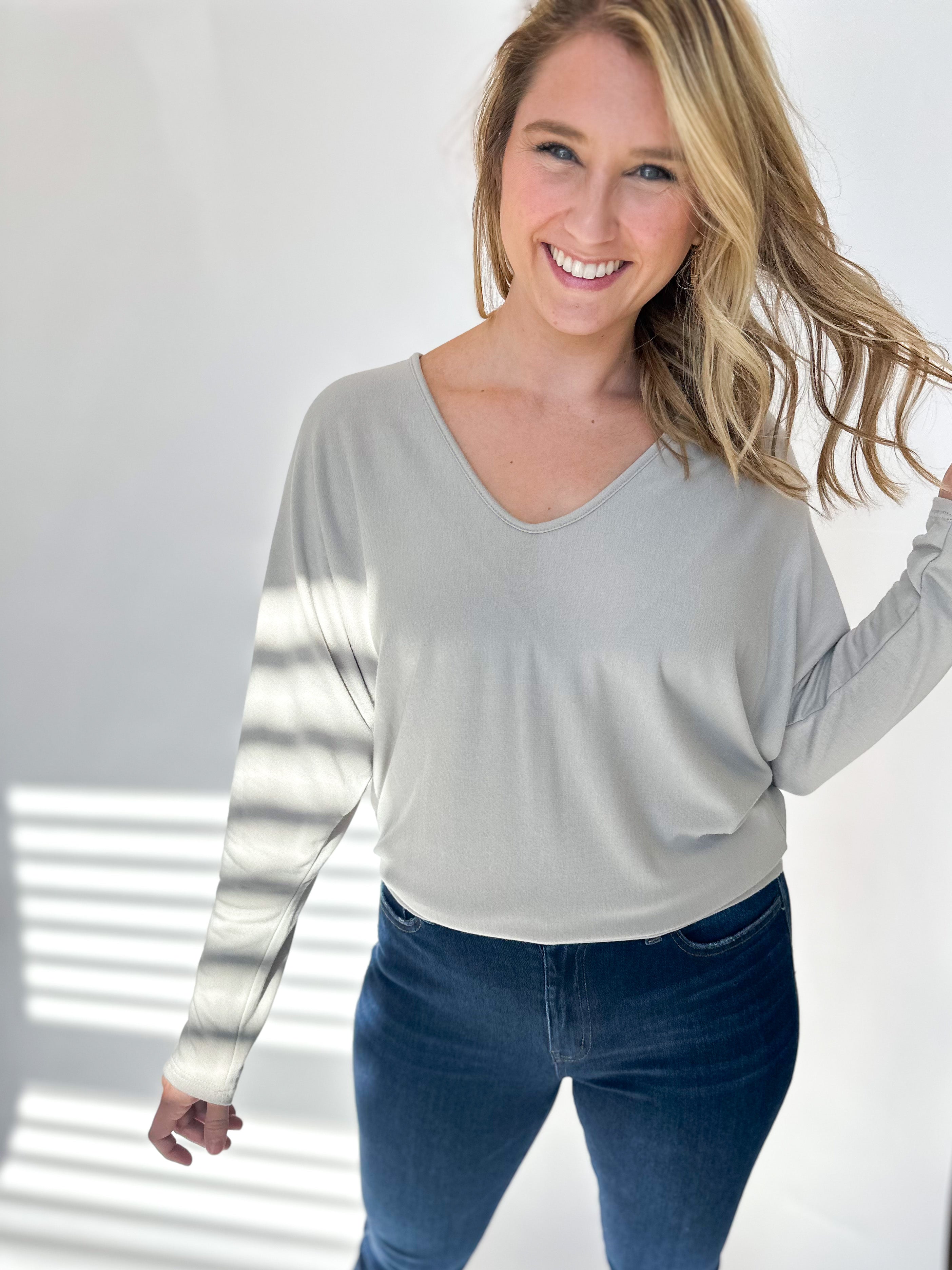 Light Grey Cozy Knit Dolman Top-210 Casual Tops-WASABI + MINT-July & June Women's Fashion Boutique Located in San Antonio, Texas