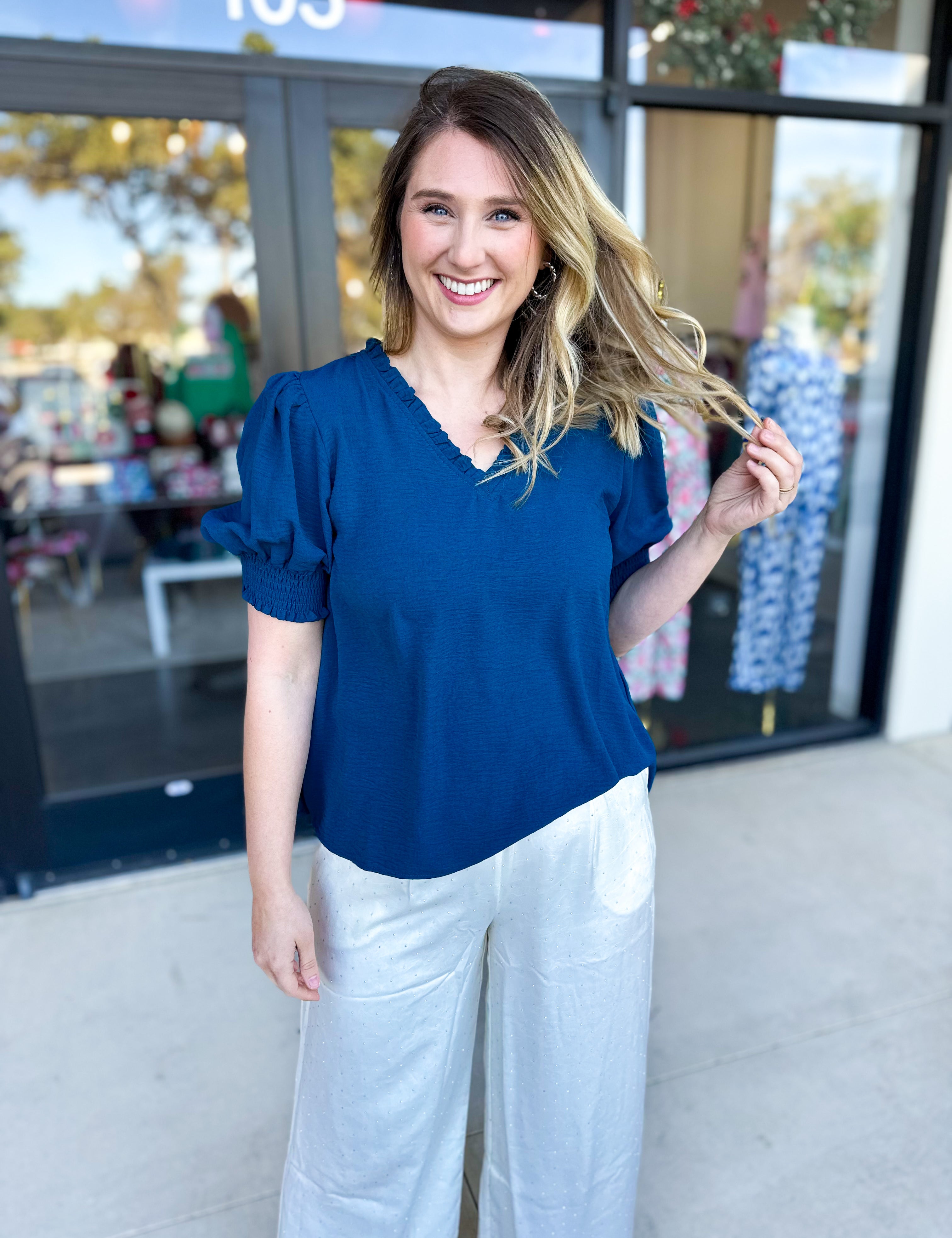 Everyday Ruffle V-Neck Blouse - Teal-200 Fashion Blouses-JODIFL-July & June Women's Fashion Boutique Located in San Antonio, Texas