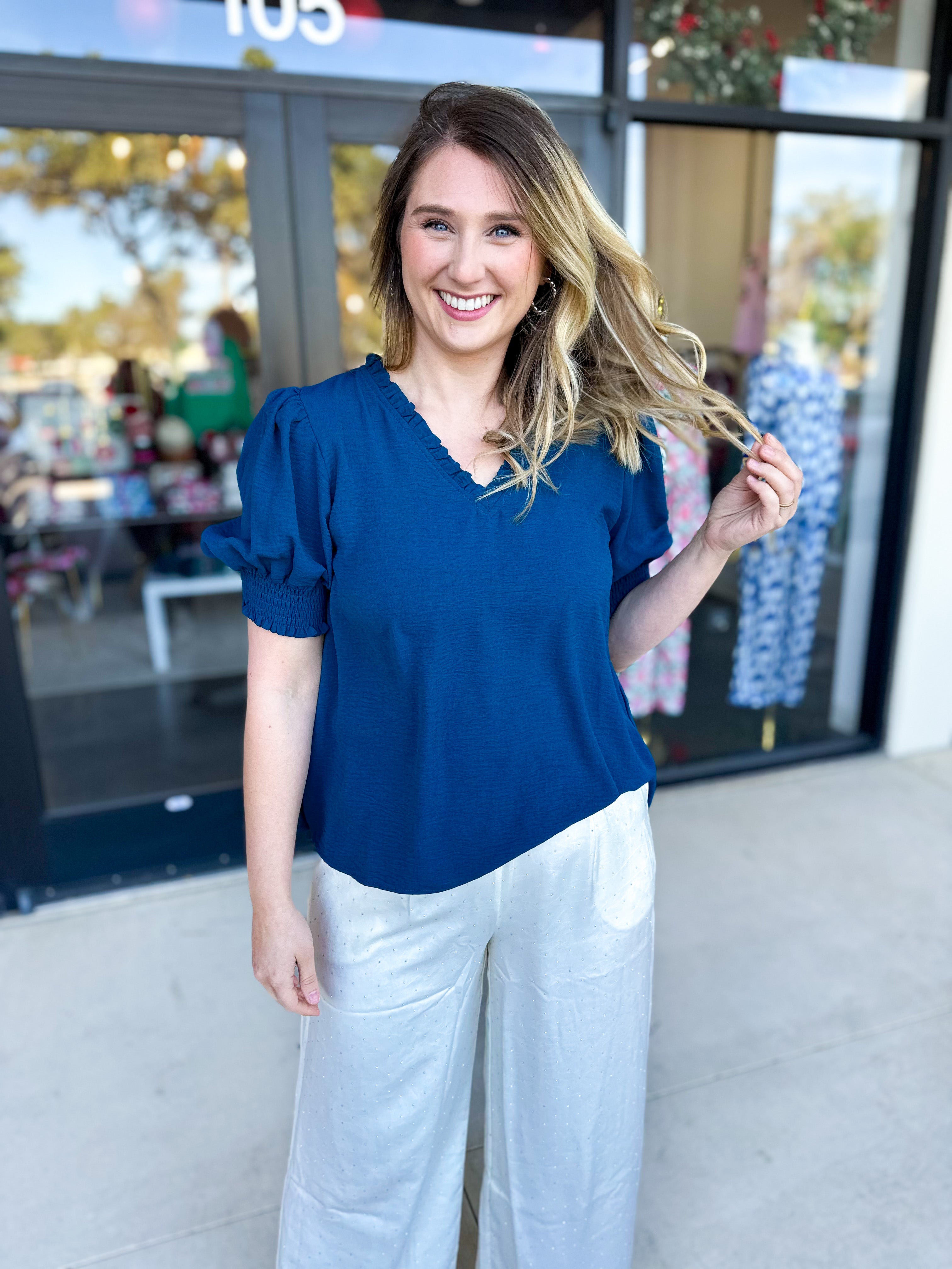 Everyday Ruffle V-Neck Blouse - Teal-200 Fashion Blouses-JODIFL-July & June Women's Fashion Boutique Located in San Antonio, Texas