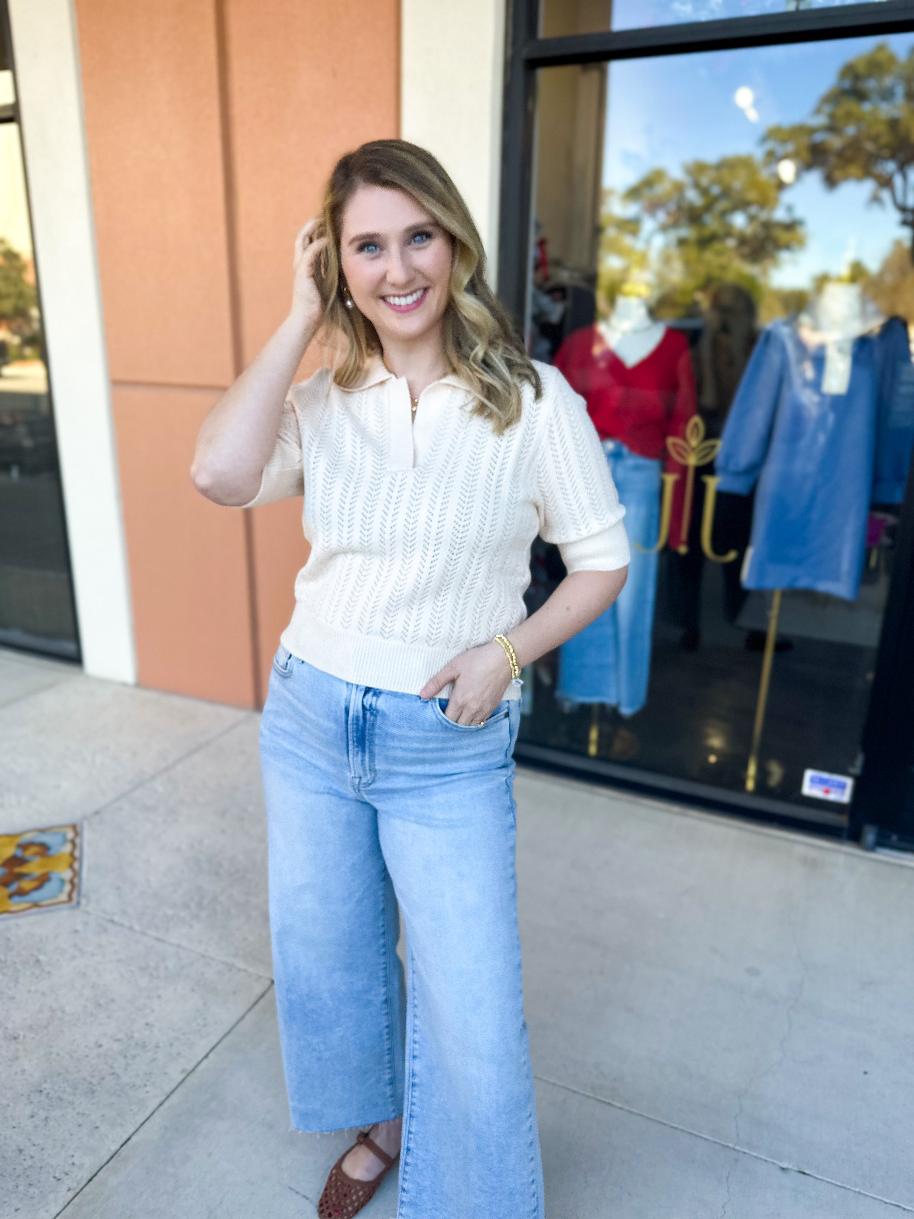 THML - Cream Knit Collared Sweater Top-230 Sweaters/Cardis-THML-July & June Women's Fashion Boutique Located in San Antonio, Texas