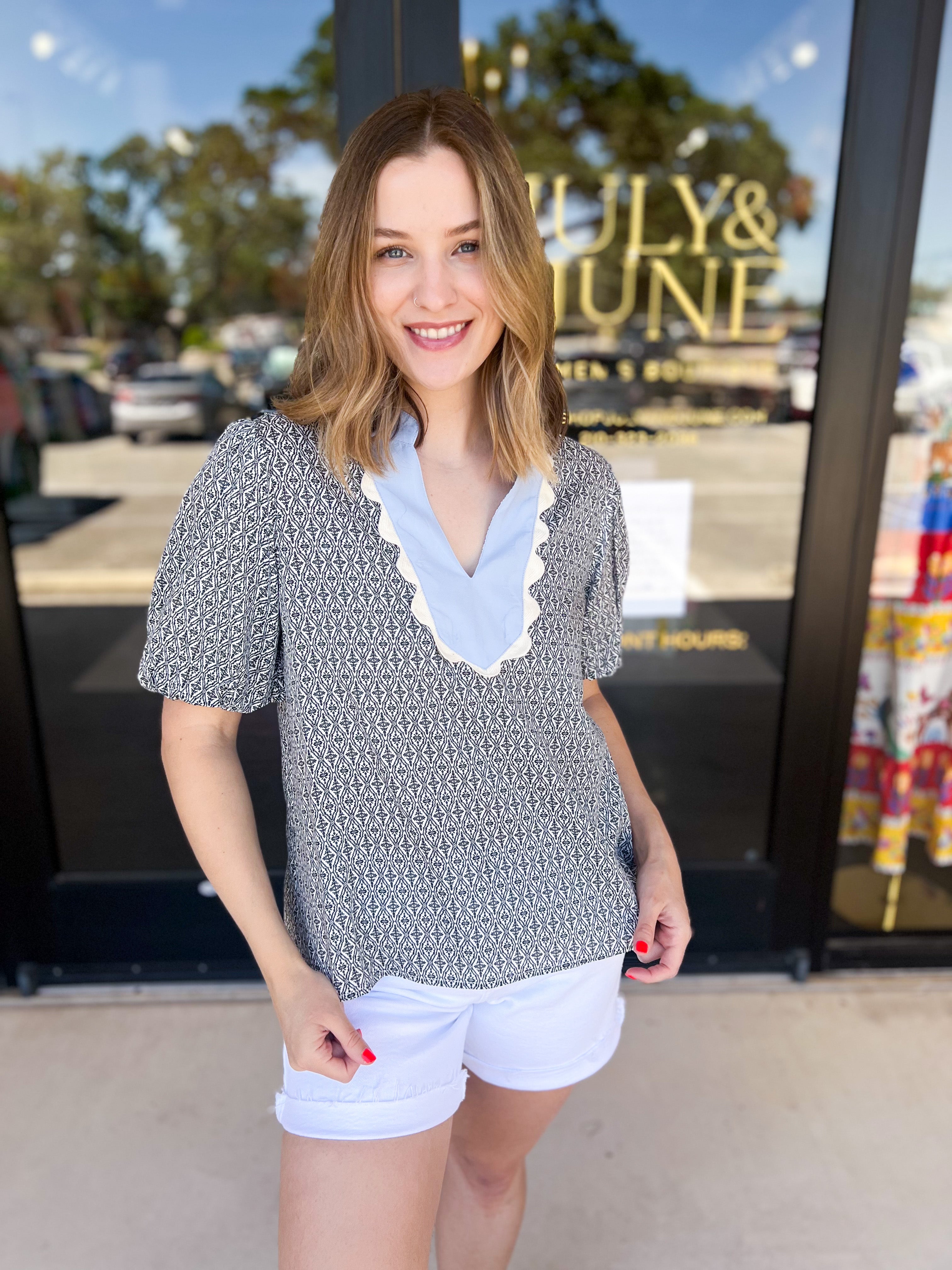 THML - Black & Baby Blue Blouse-200 Fashion Blouses-THML-July & June Women's Fashion Boutique Located in San Antonio, Texas