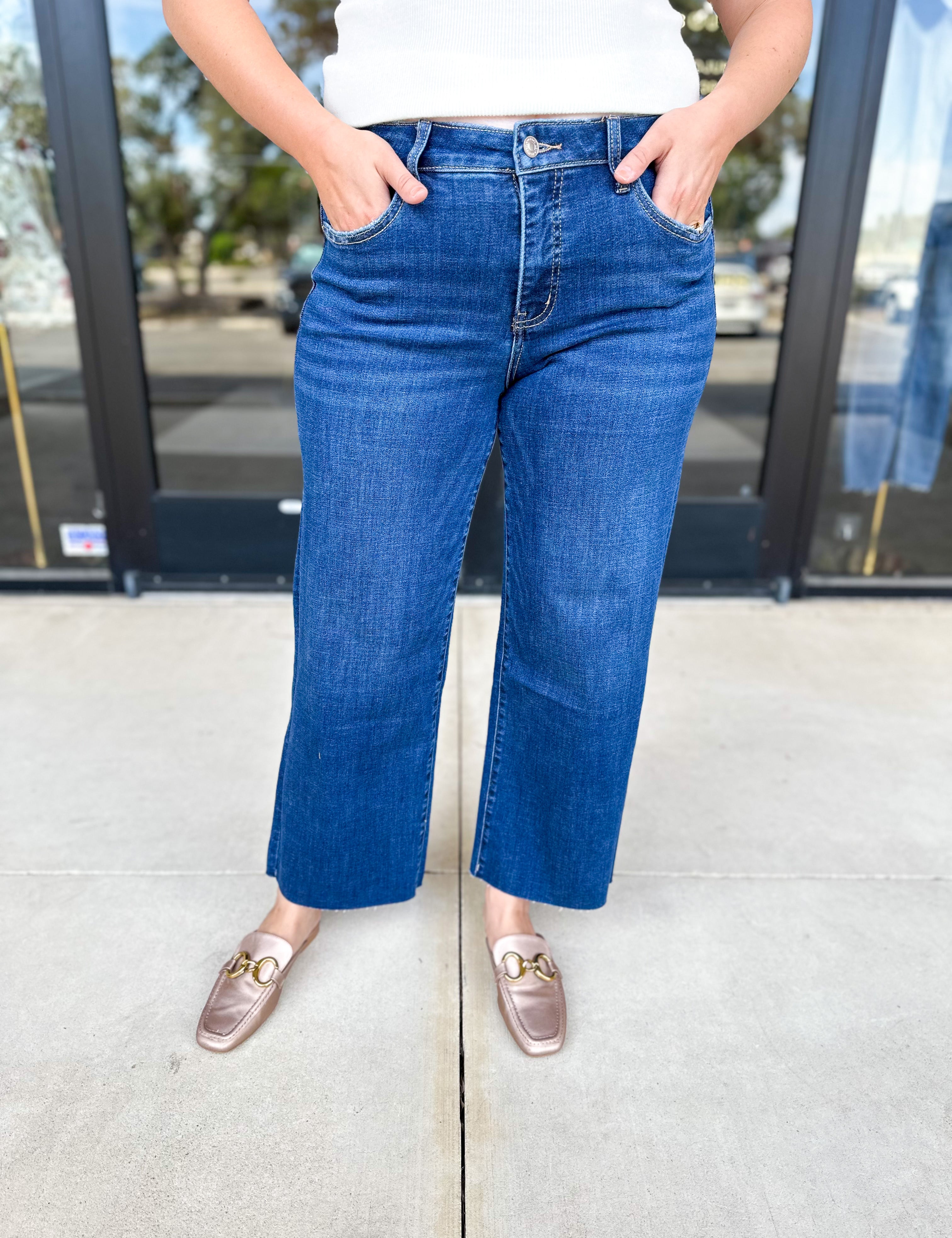 Vervet - Dark Mid Rise Wide Leg Tummy Control Jeans-400 Pants-VEVERT BY FLYING MONKEY-July & June Women's Fashion Boutique Located in San Antonio, Texas