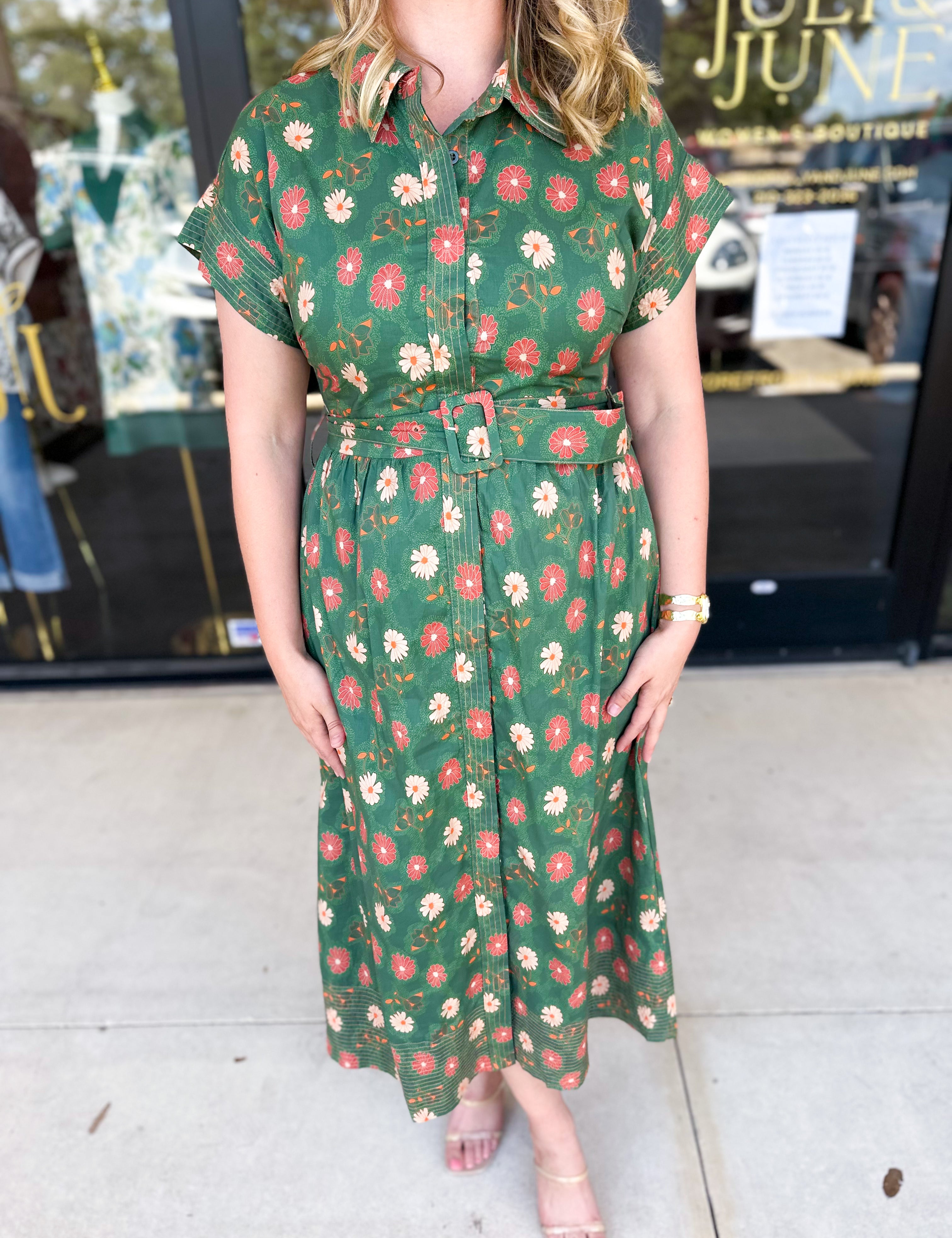 Olive Floral Midi Dress-500 Midi-FATE-July & June Women's Fashion Boutique Located in San Antonio, Texas