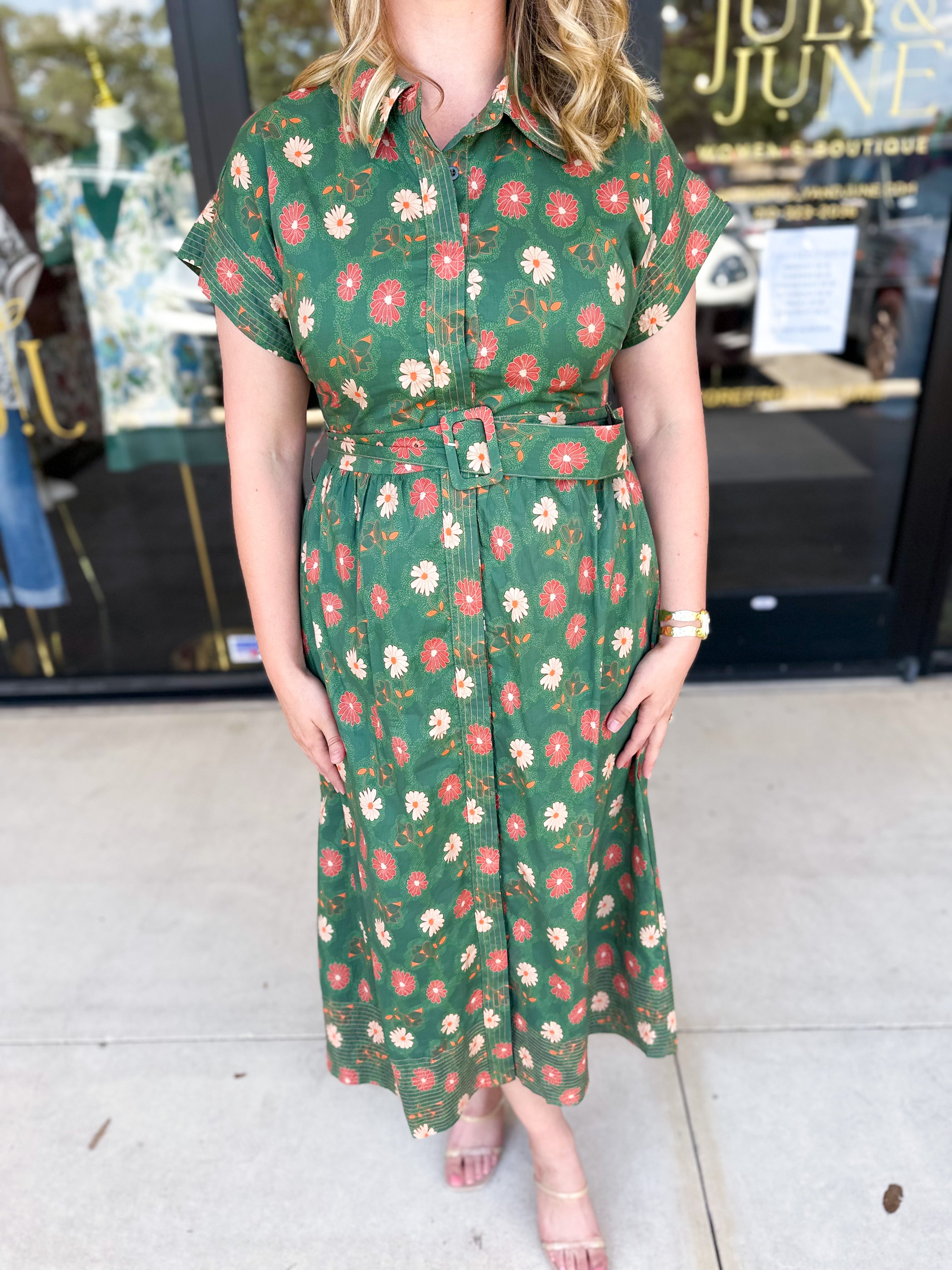 Olive Floral Midi Dress-500 Midi-FATE-July & June Women's Fashion Boutique Located in San Antonio, Texas