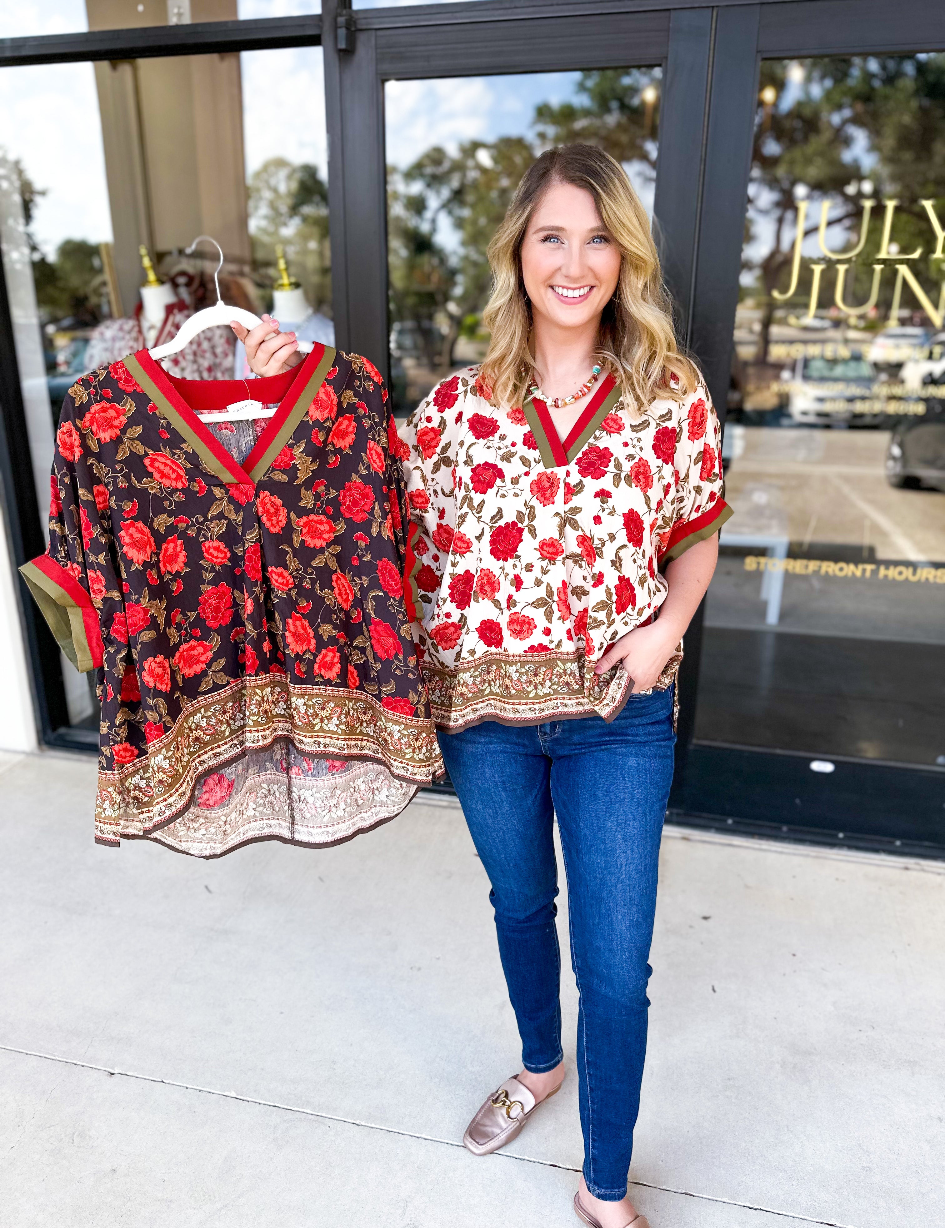 Fall Garden Blouse - Black-200 Fashion Blouses-ENTRO-July & June Women's Fashion Boutique Located in San Antonio, Texas