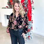 Velvet Floral Blouse - Black-200 Fashion Blouses-JODIFL-July & June Women's Fashion Boutique Located in San Antonio, Texas