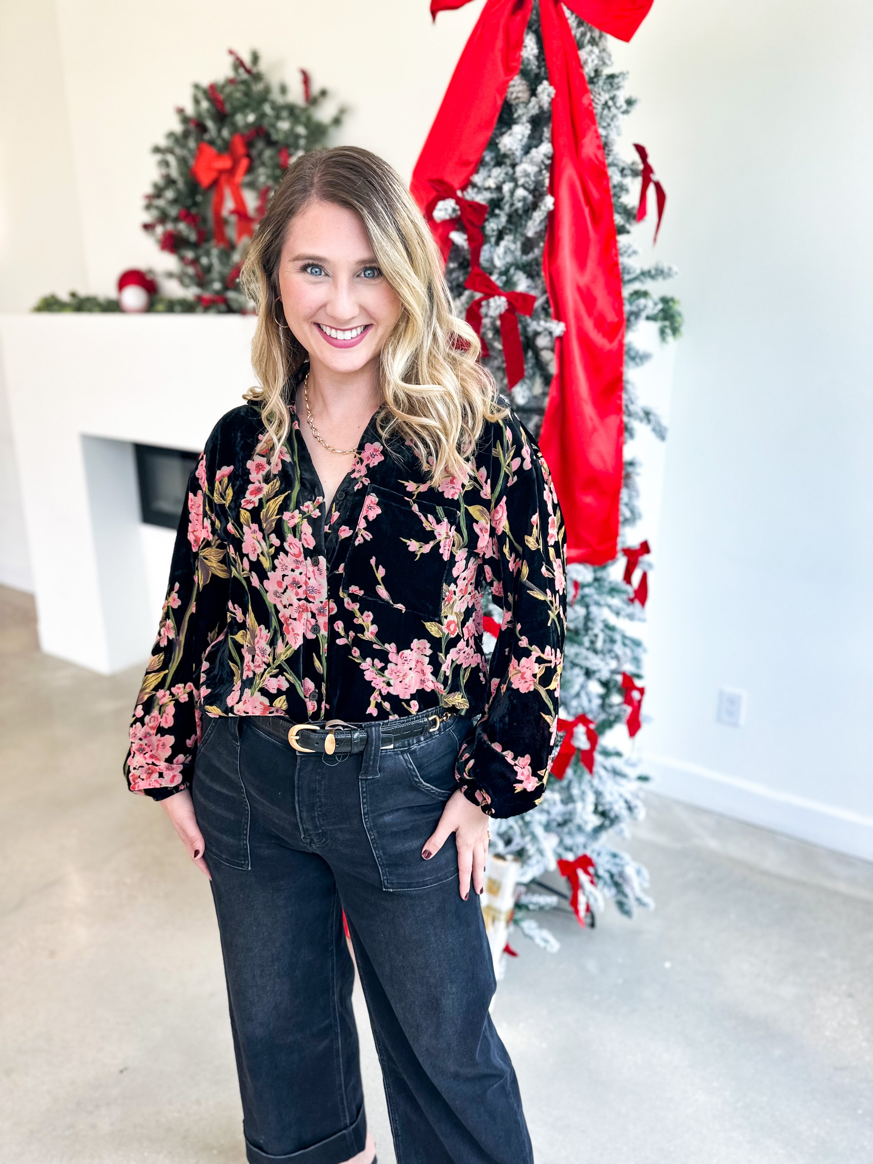 Velvet Floral Blouse - Black-200 Fashion Blouses-JODIFL-July & June Women's Fashion Boutique Located in San Antonio, Texas