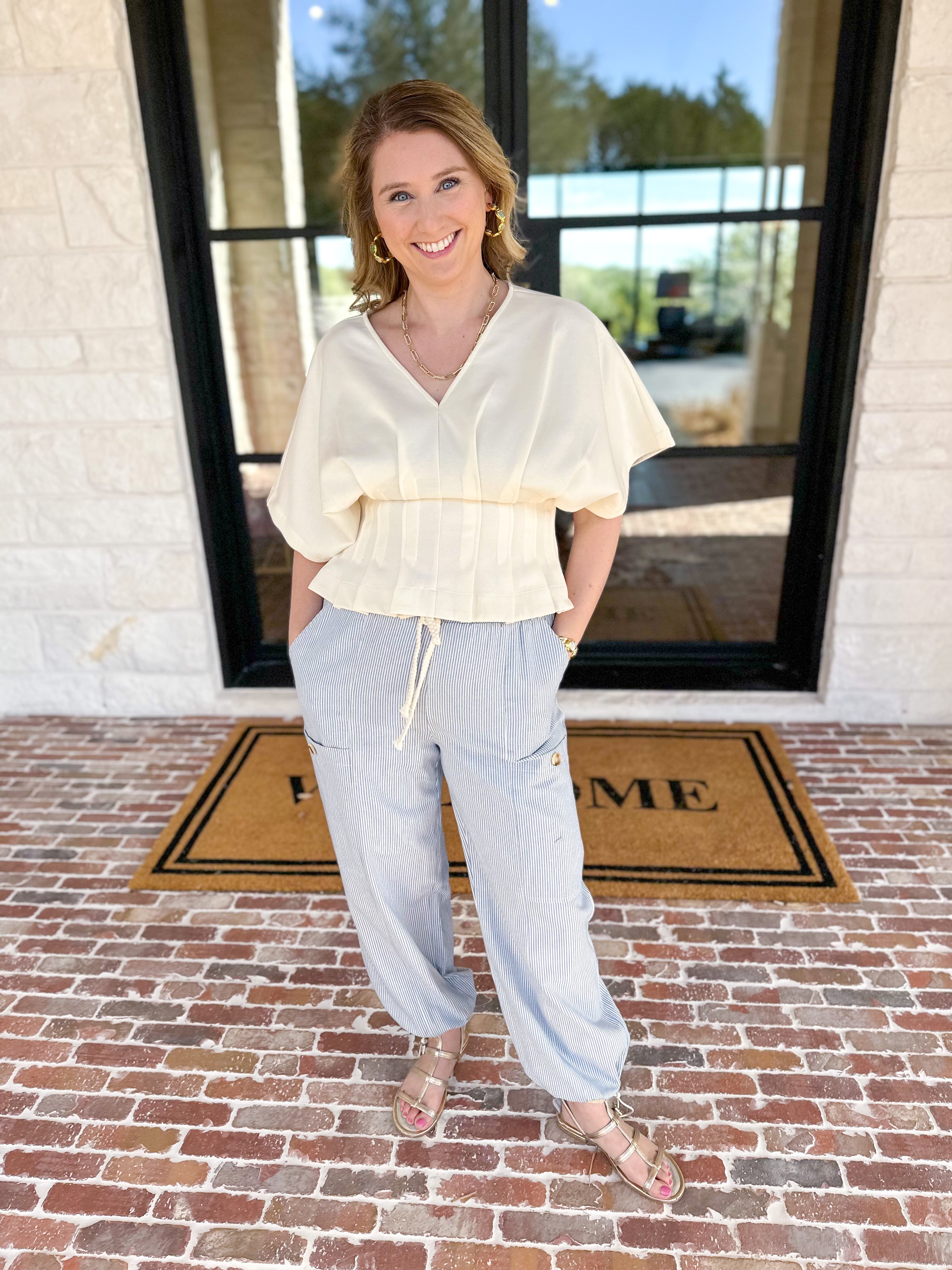 Striped Twill Elastic Barrel Pants-400 Pants-ALLIE ROSE-July & June Women's Fashion Boutique Located in San Antonio, Texas