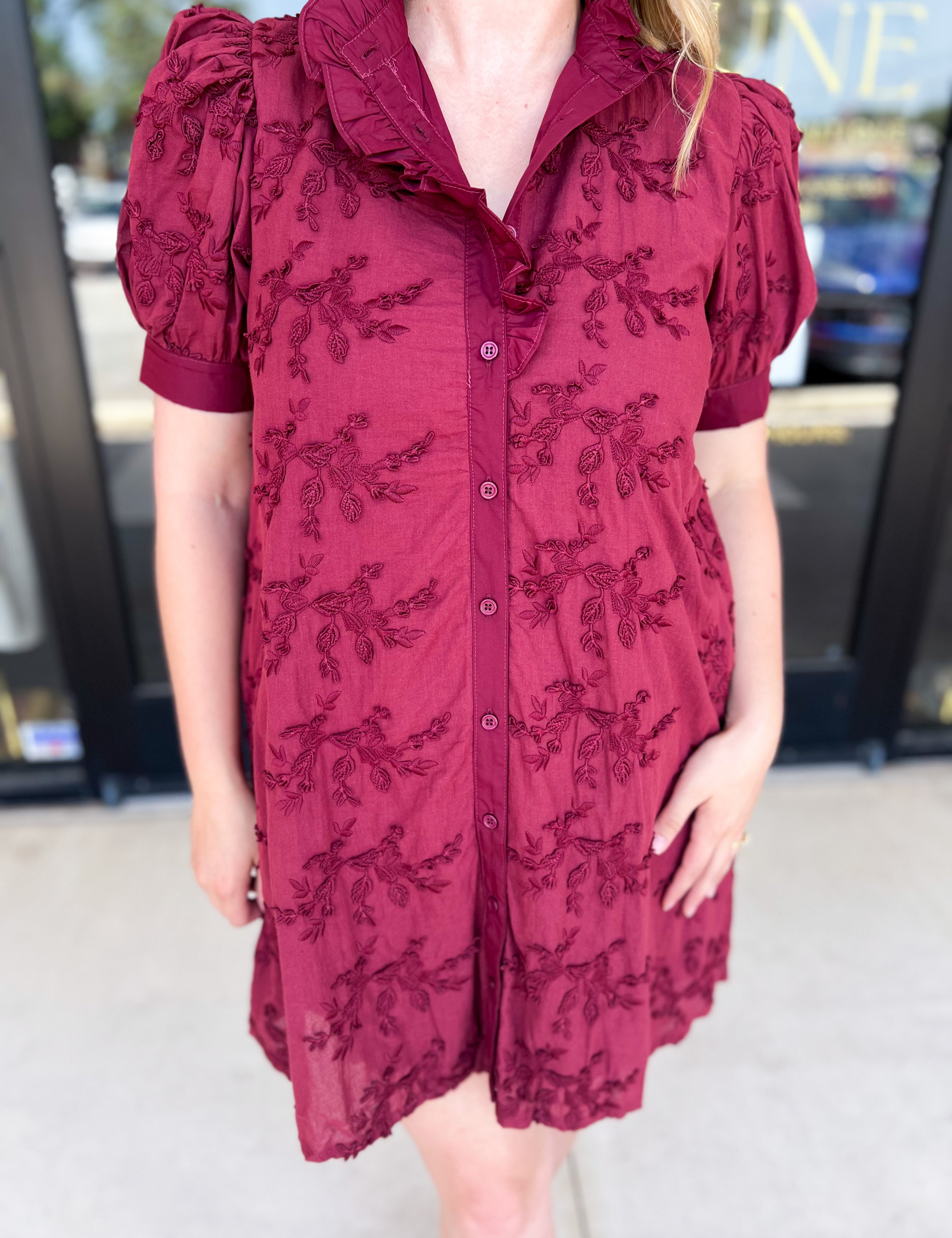 Floral Crochet Mini Dress - Burgundy-510 Mini-ENTRO-July & June Women's Fashion Boutique Located in San Antonio, Texas