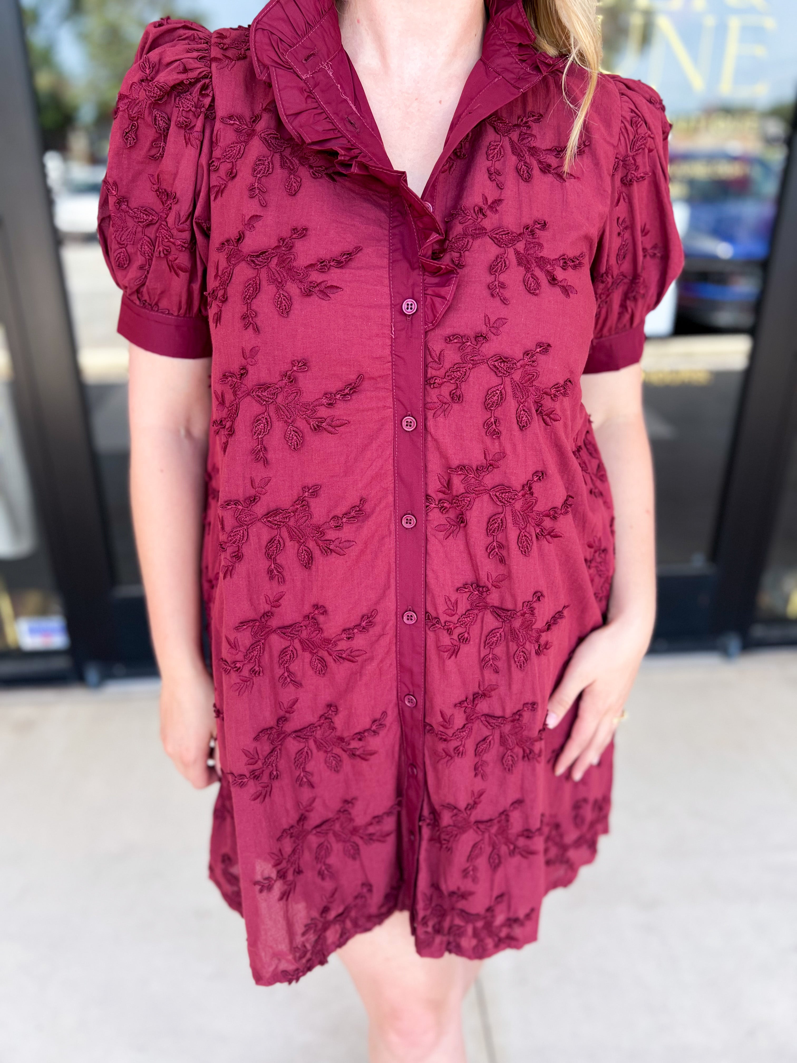 Floral Crochet Mini Dress - Burgundy-510 Mini-ENTRO-July & June Women's Fashion Boutique Located in San Antonio, Texas